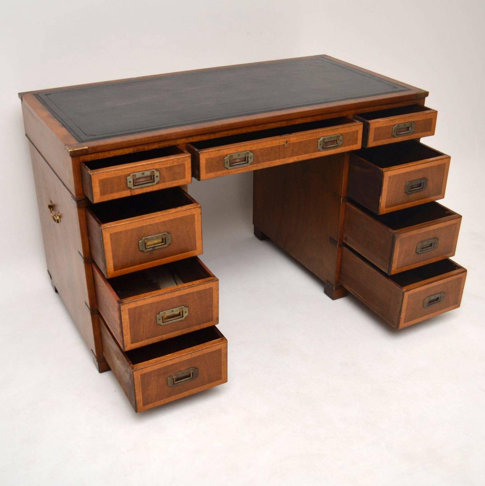 Antique Campaign Style Mahogany and Leather Pedestal Desk In Excellent Condition In London, GB