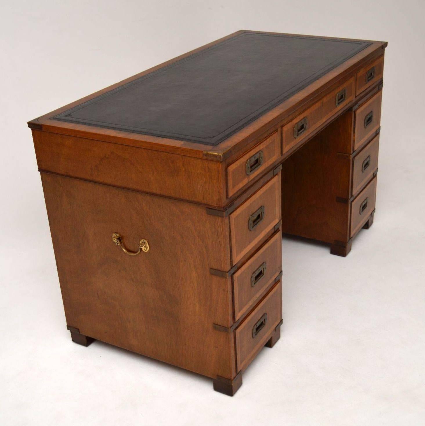 Early 20th Century Antique Campaign Style Mahogany and Leather Pedestal Desk