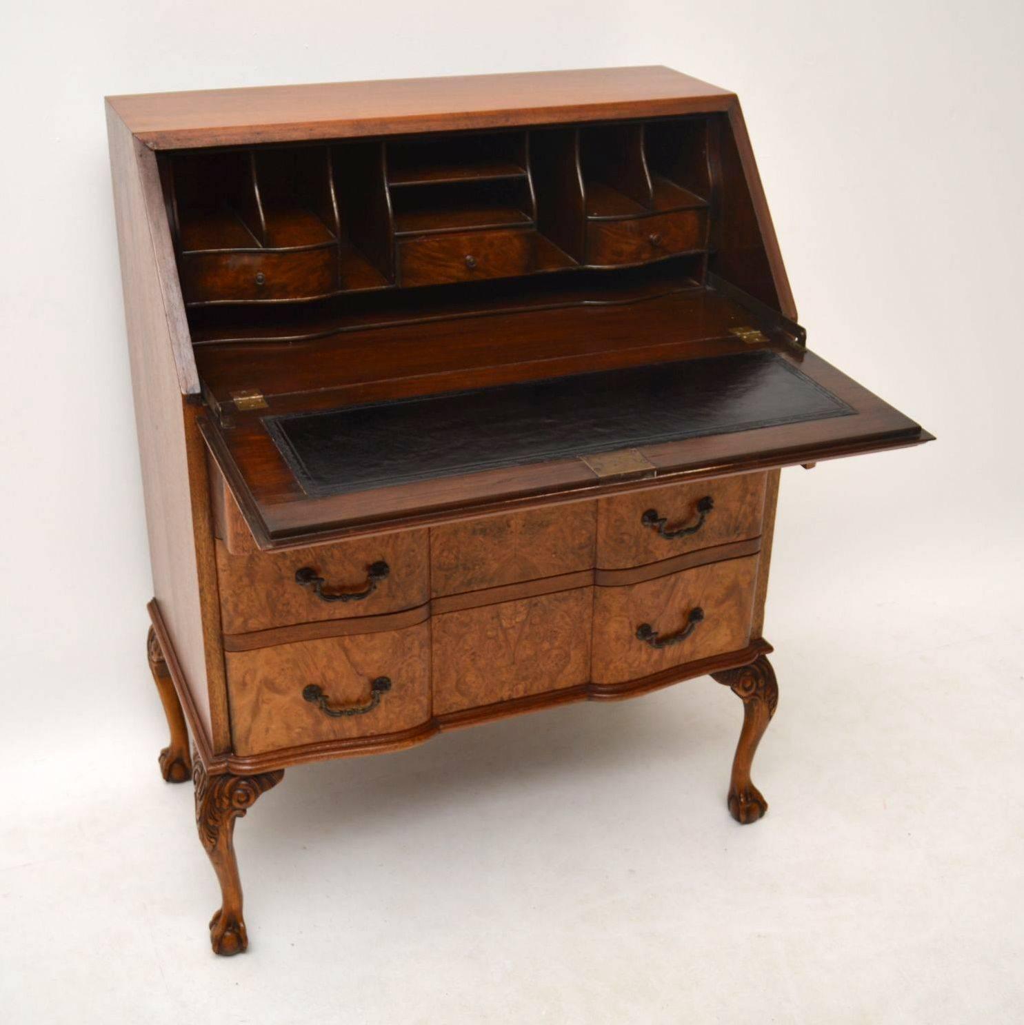English Antique Burr Walnut Writing Bureau Desk