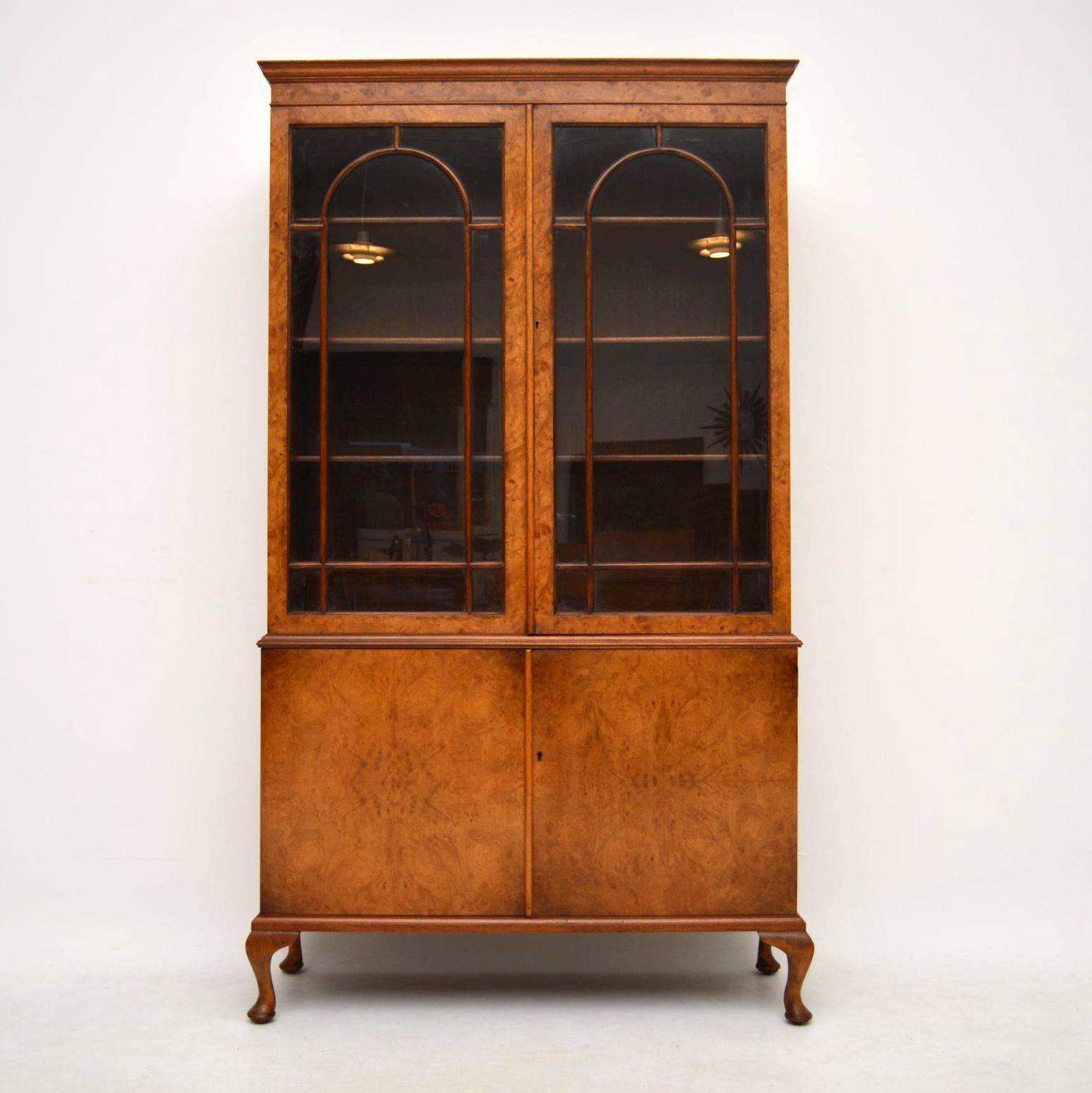 English Antique Burr Walnut Bookcase Cupboard