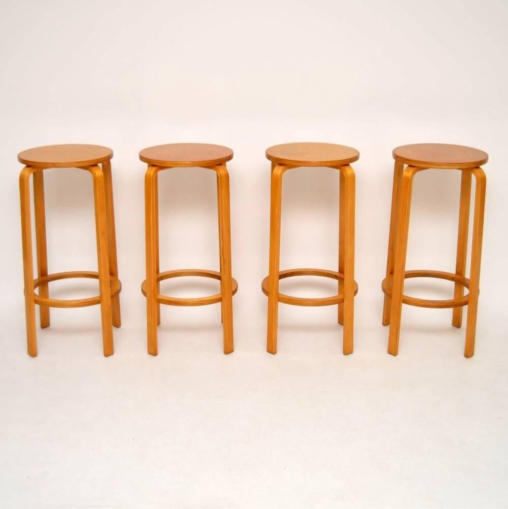A lovely set of four bentwood stools, in the style of Alvar Aalto. These date from around the 1960s, we have had them stripped and re-polished to a very high standard, the condition is superb throughout for their age.

Measures: Depth: 38