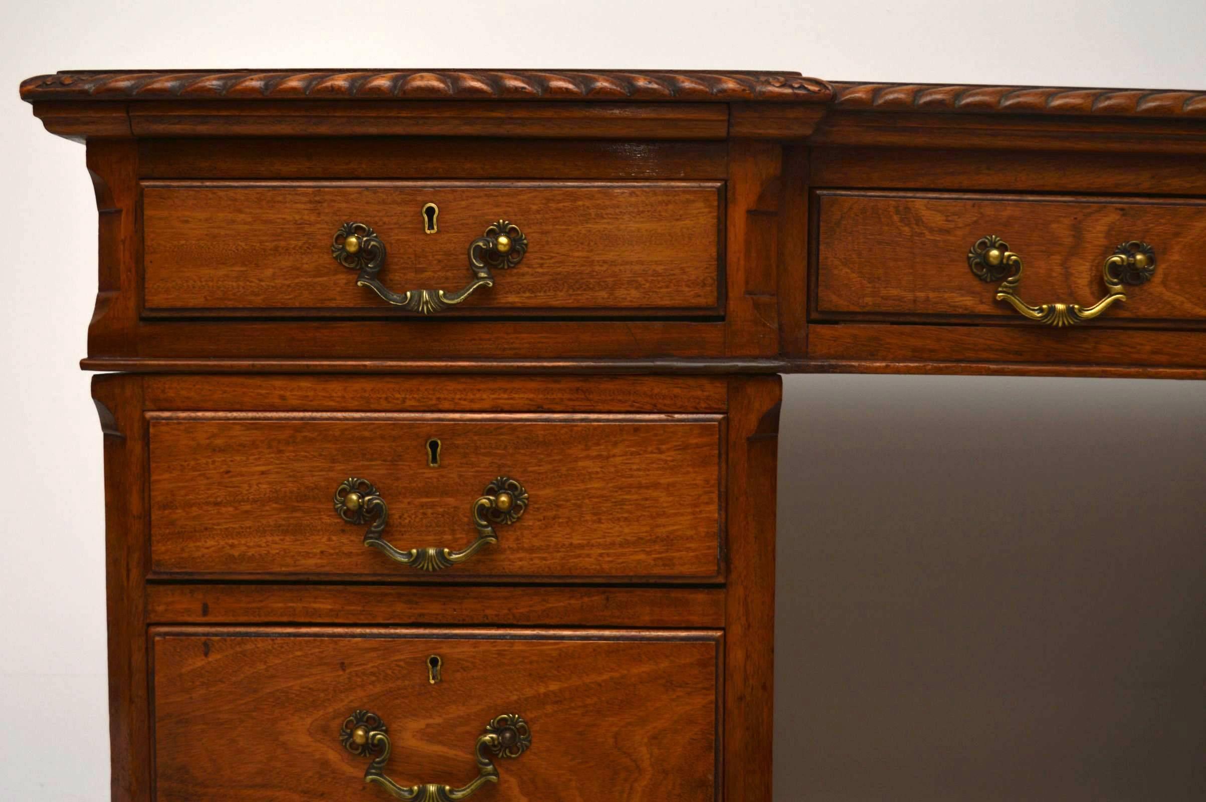 English Large Antique Mahogany Leather Top Pedestal Desk