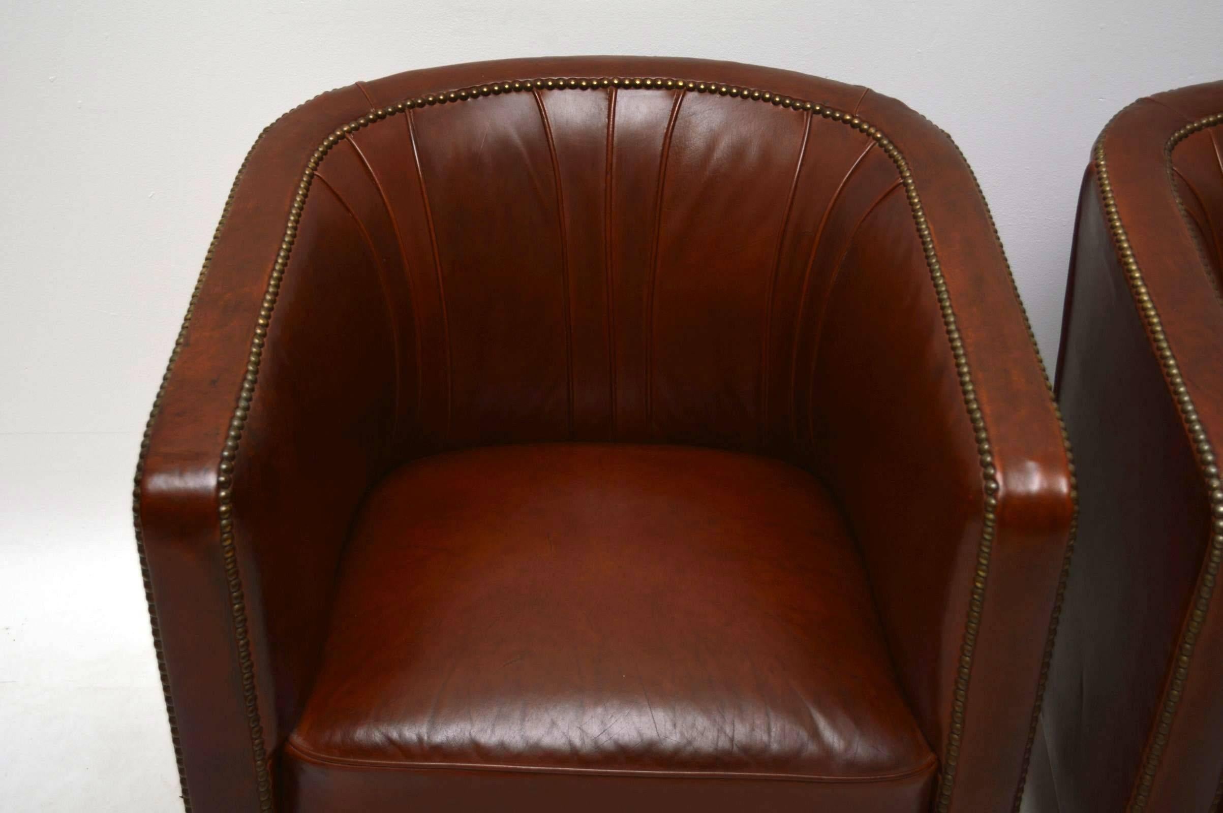 Mid-20th Century Pair of Antique Swedish Leather Armchairs
