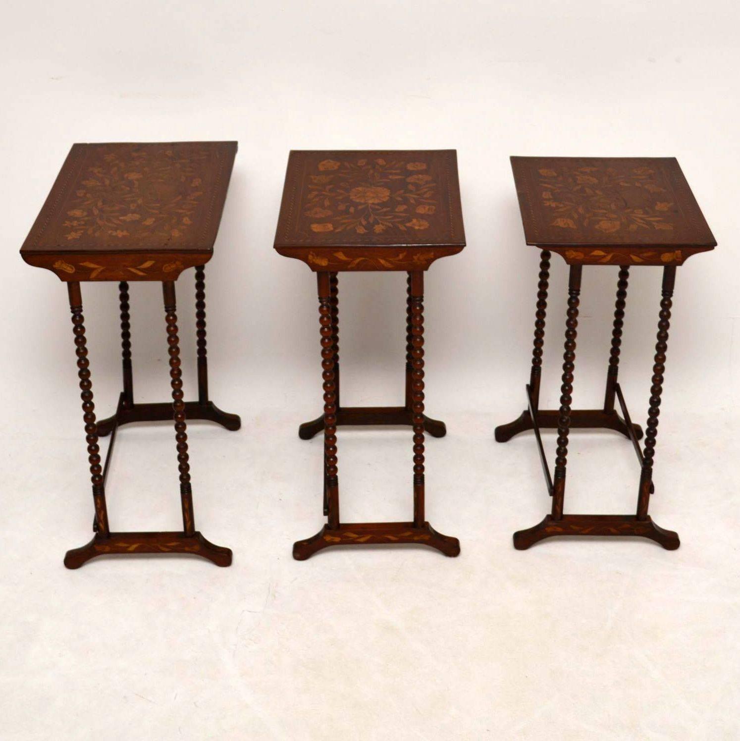 English Antique Victorian Dutch Marquetry Mahogany Nest of Three Tables 