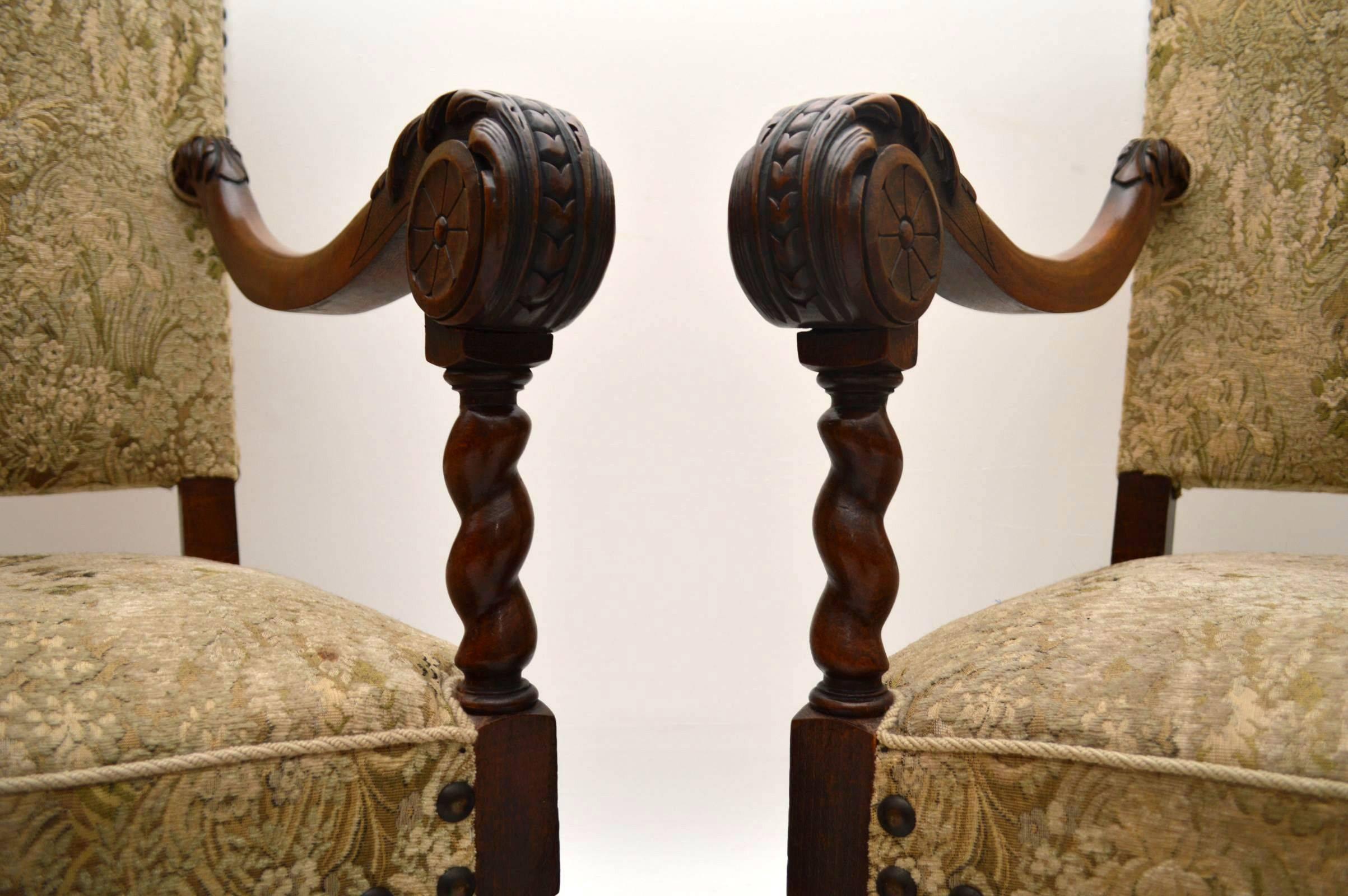 Swedish Pair of Antique Carolean Carved Walnut Upholstered Armchairs
