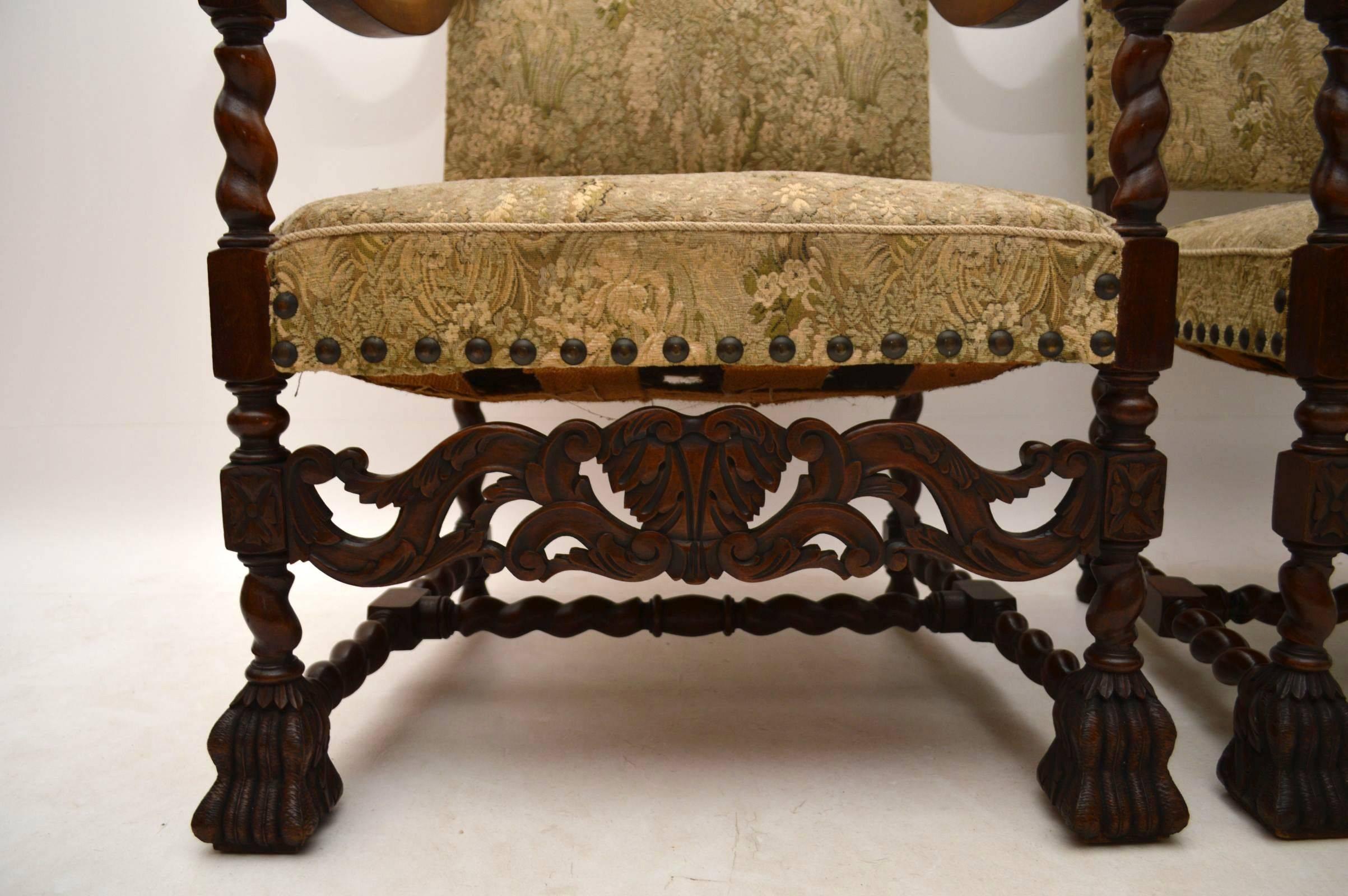 Late 19th Century Pair of Antique Carolean Carved Walnut Upholstered Armchairs