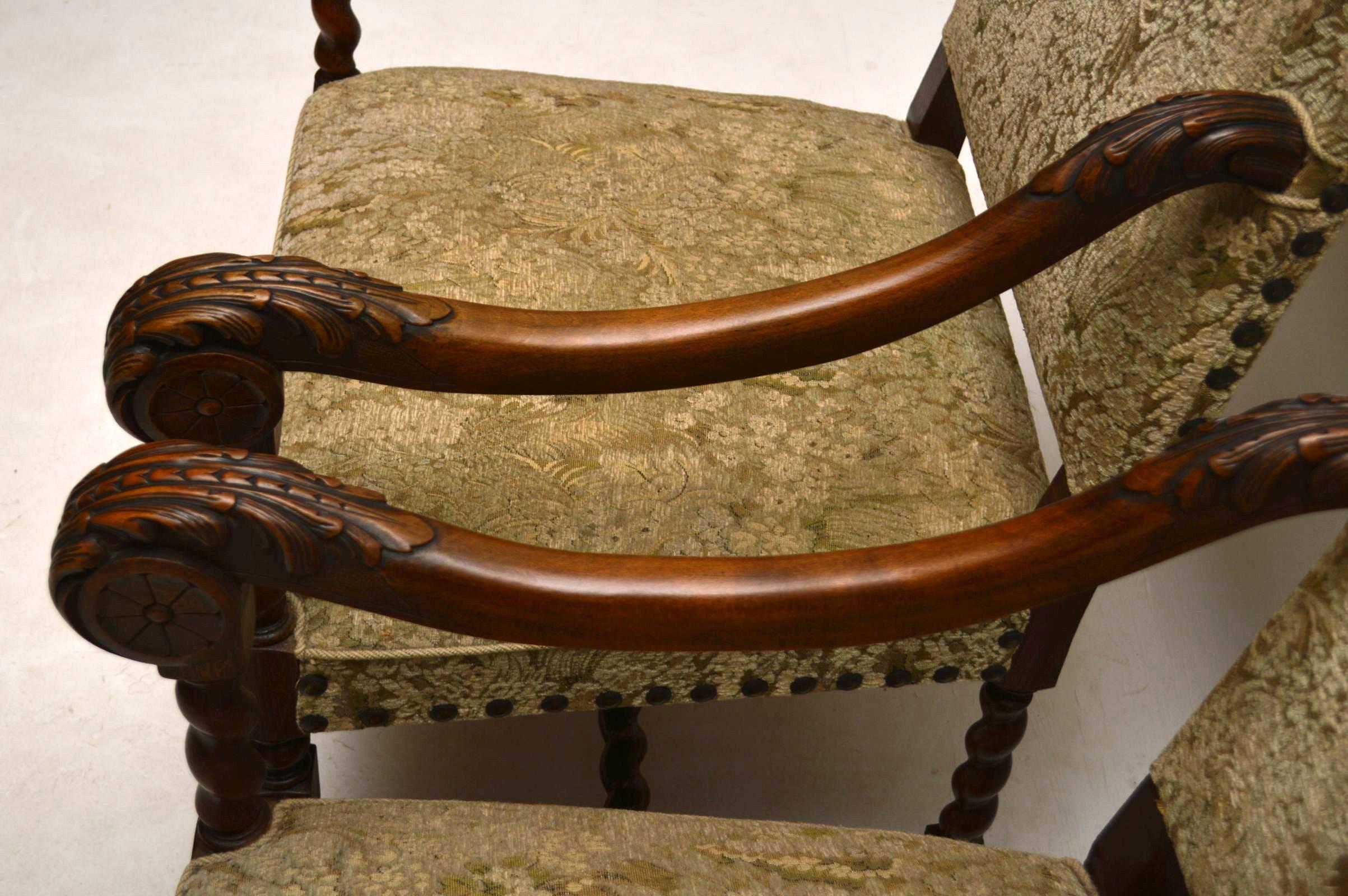 Velvet Pair of Antique Carolean Carved Walnut Upholstered Armchairs