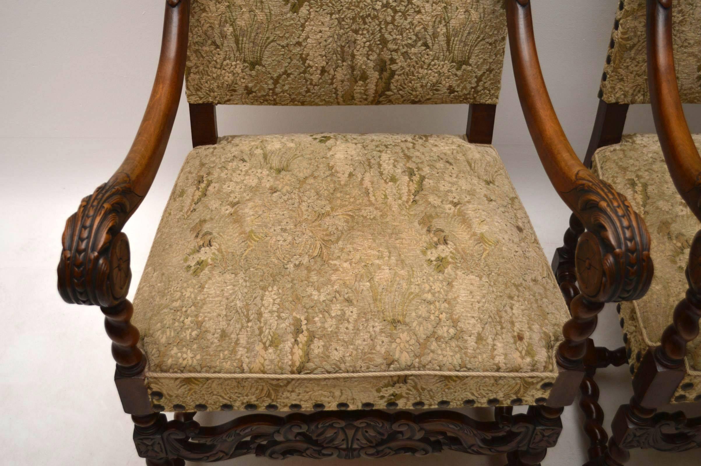 Pair of Antique Carolean Carved Walnut Upholstered Armchairs 1