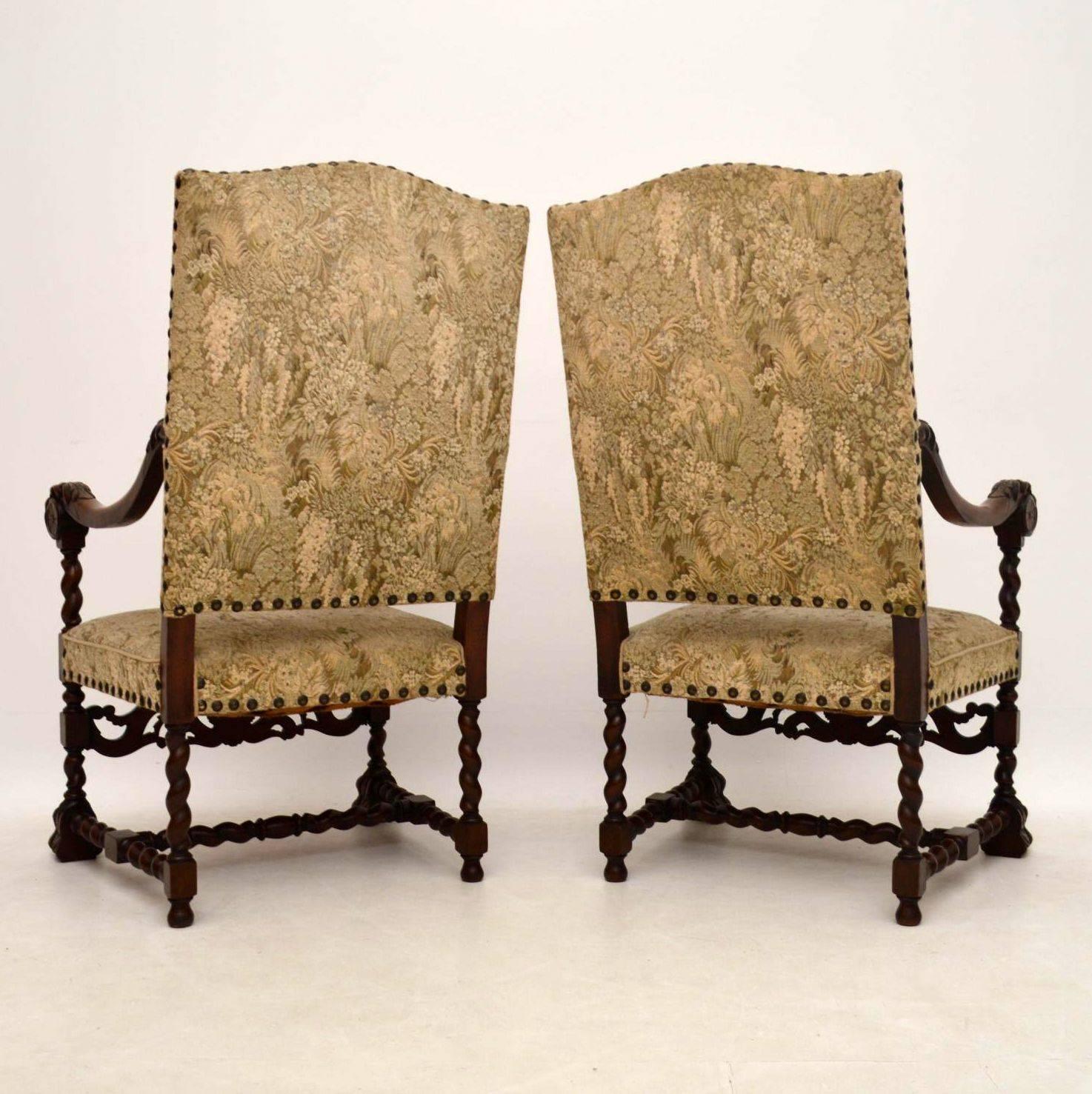Pair of Antique Carolean Carved Walnut Upholstered Armchairs 4