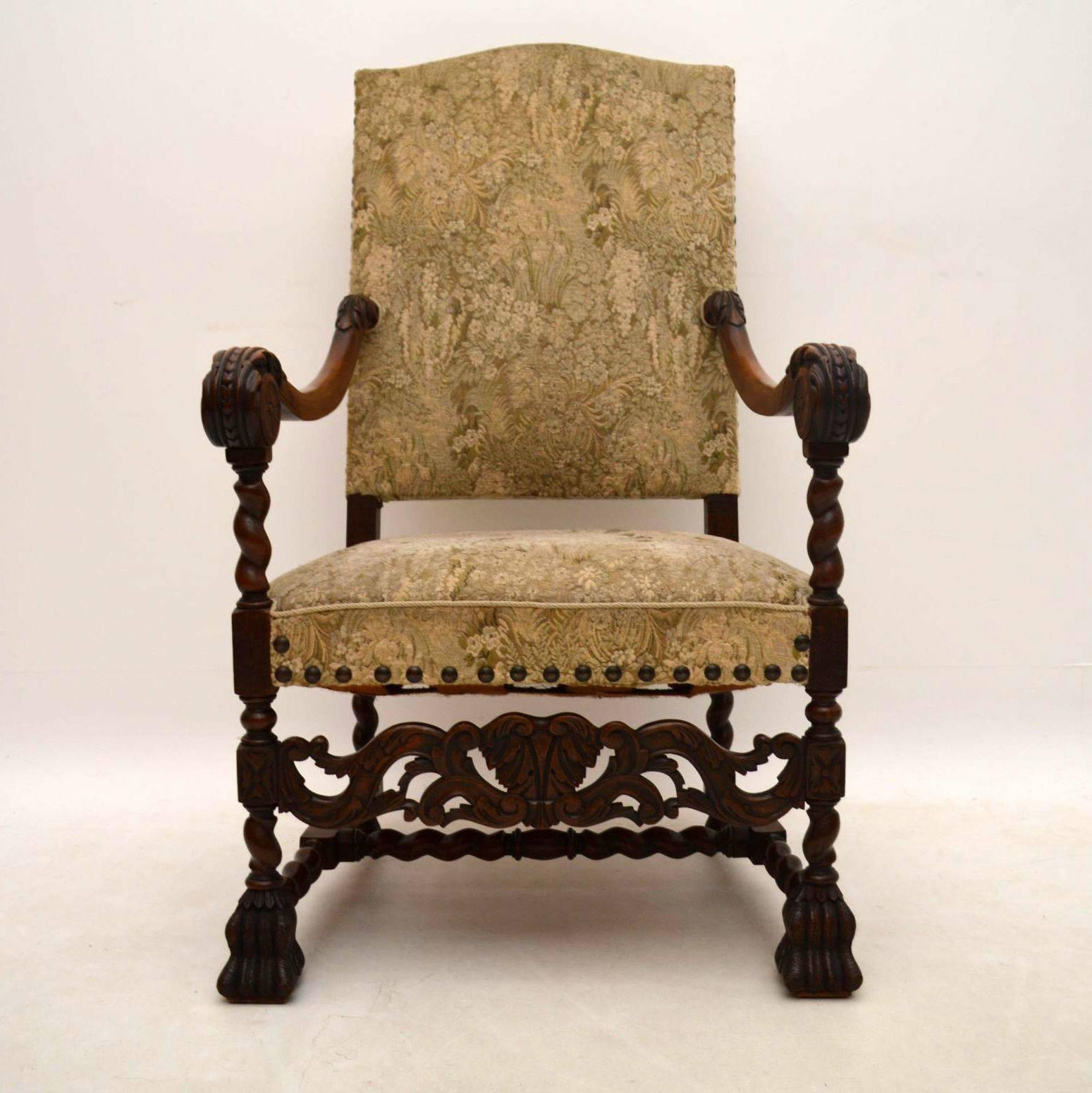 Pair of Antique Carolean Carved Walnut Upholstered Armchairs 3