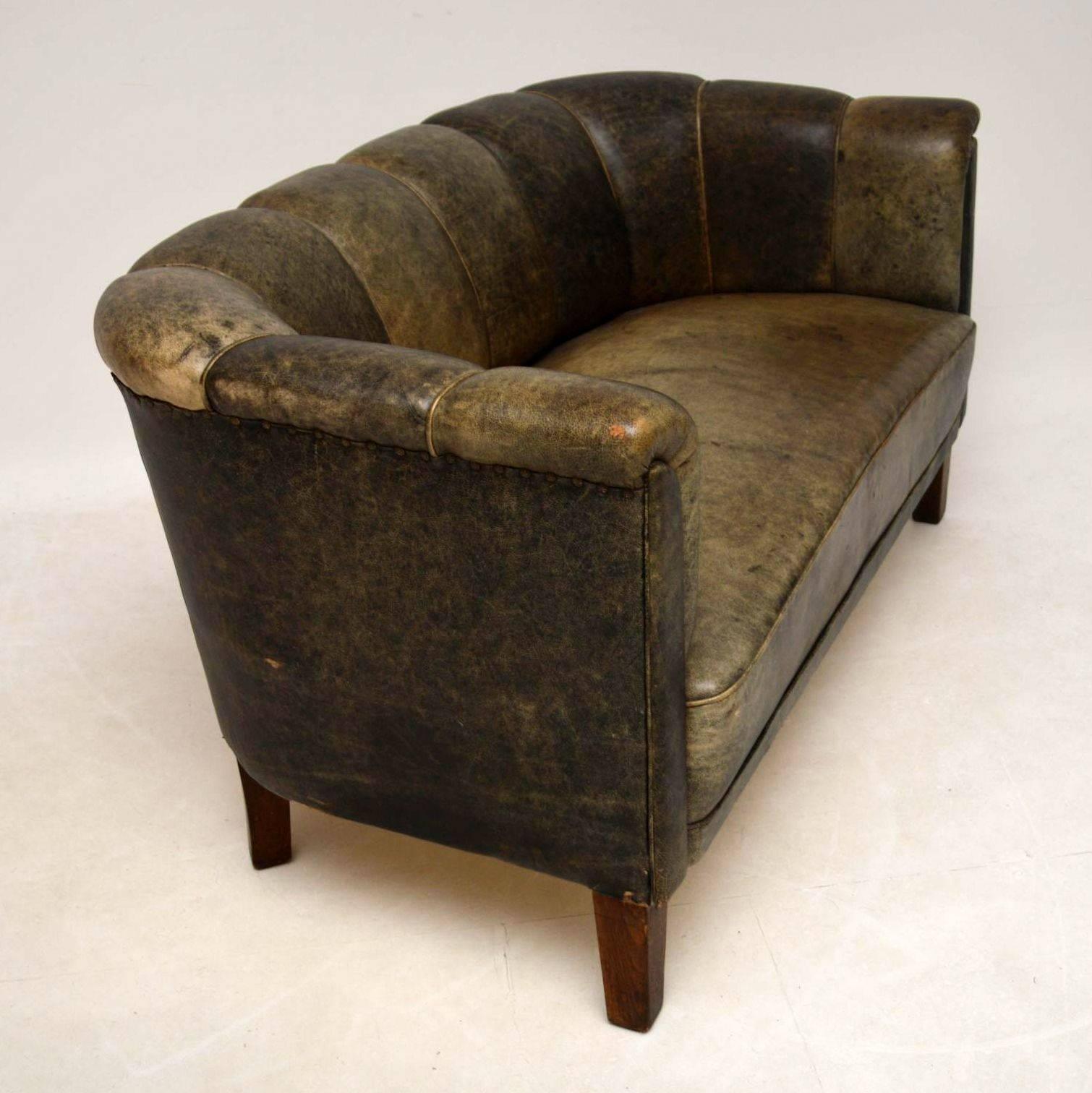 Early 20th Century Antique Swedish Leather Fluted Back Sofa