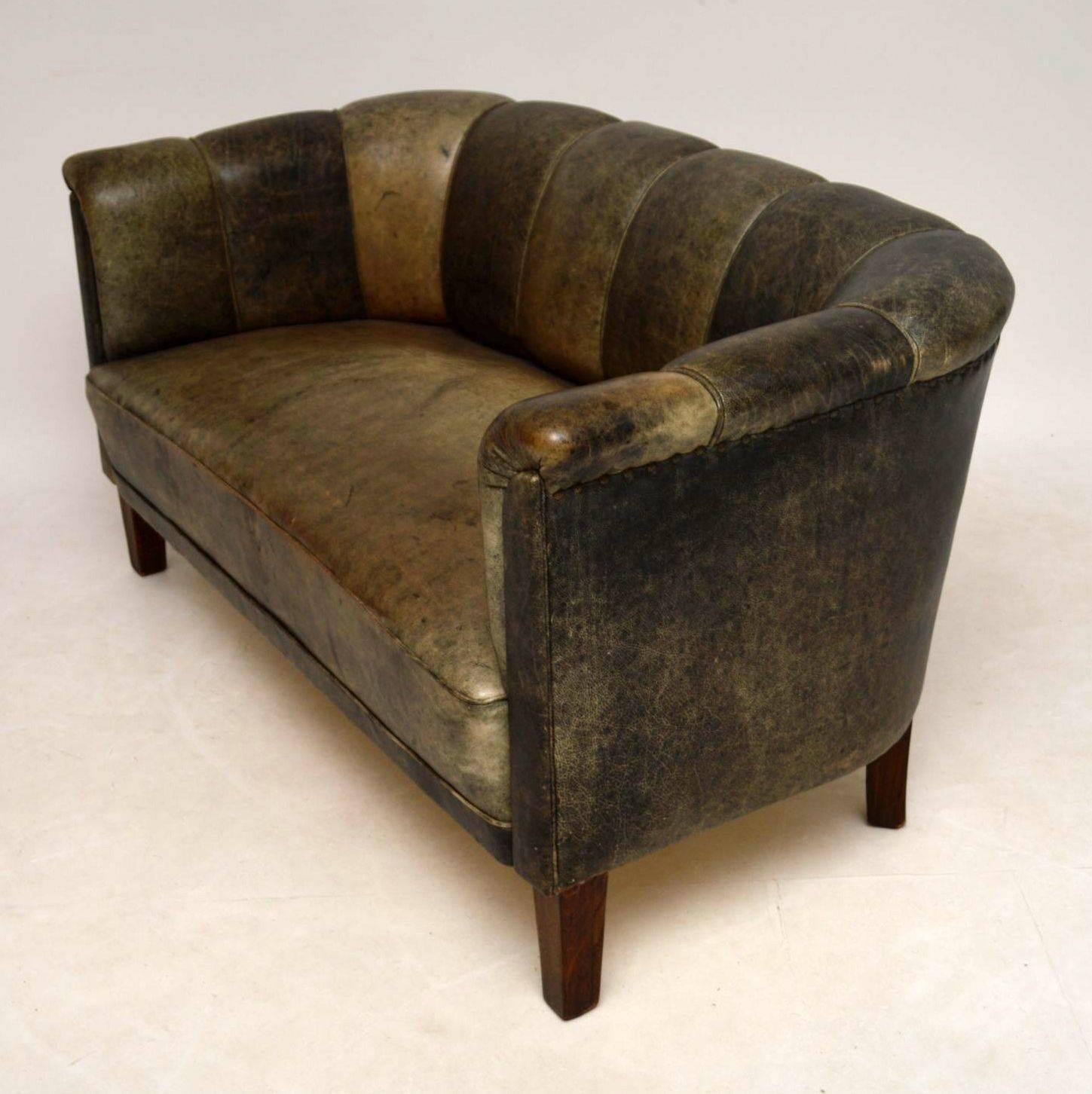 Antique Swedish Leather Fluted Back Sofa 1