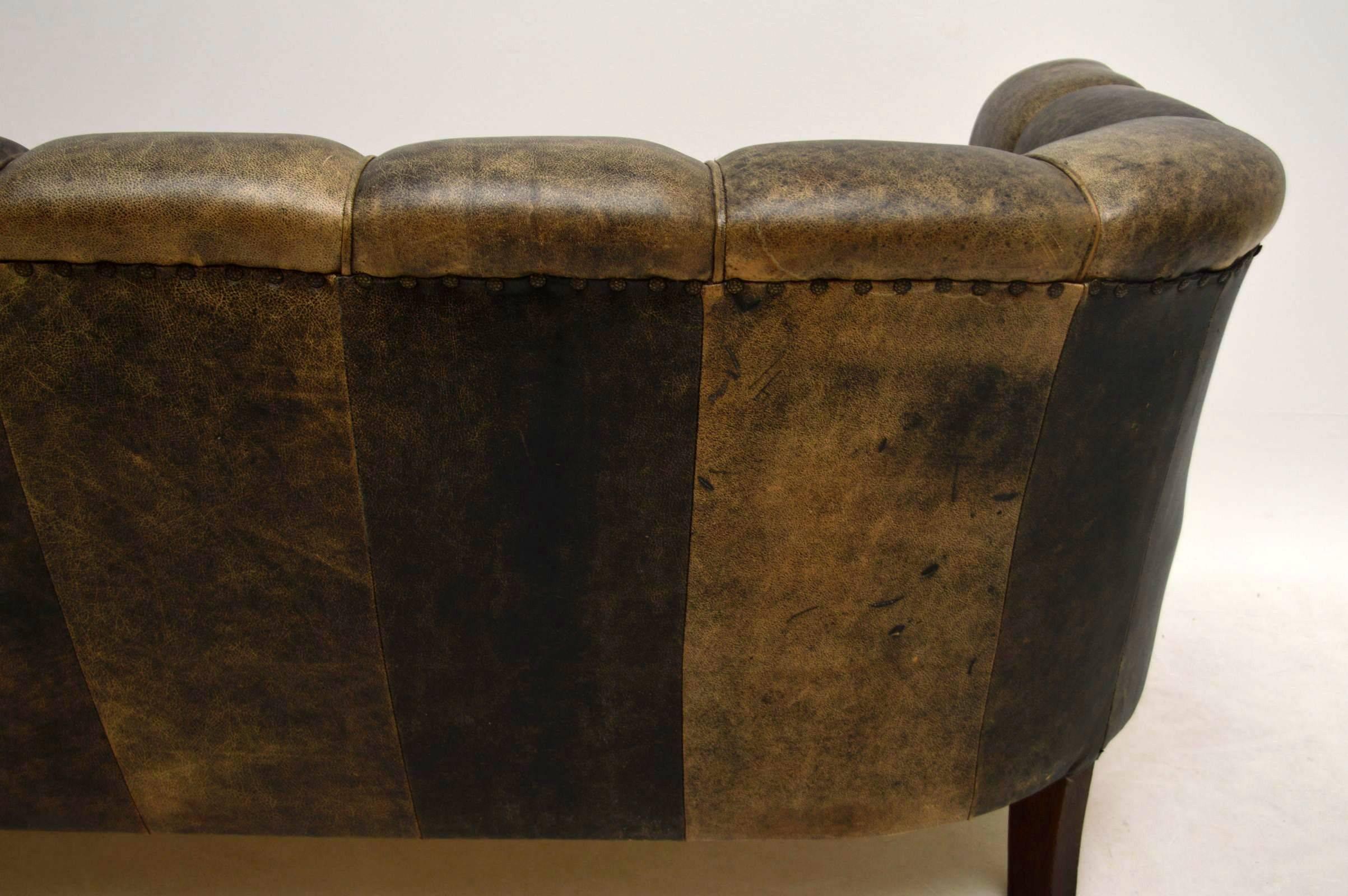 Antique Swedish Leather Fluted Back Sofa 4