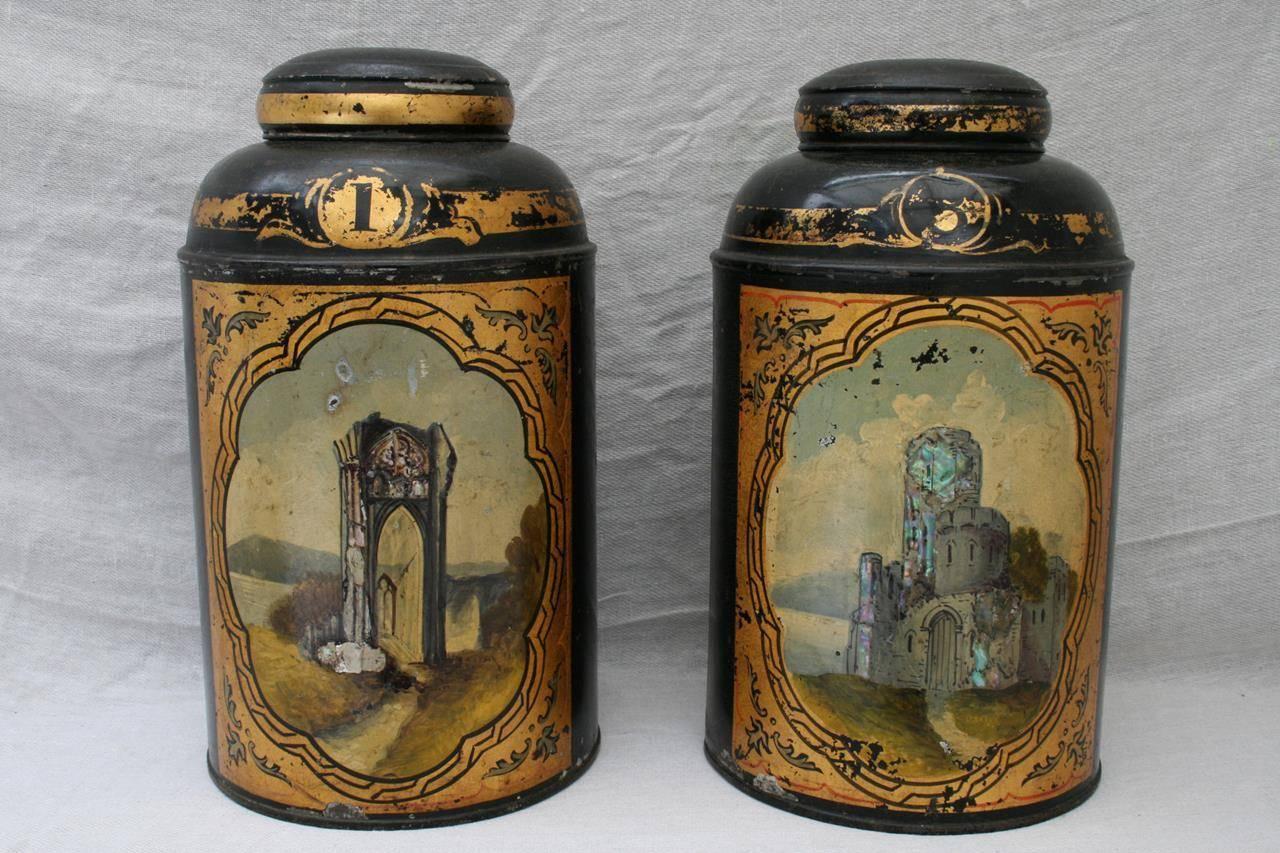 Exceptional pair of antique 19th century tea tin canisters highly decorated with mother-of-pearl scenes of Victorian follies. The tea tins are in very good condition with no holes or rust. They have with some signs of restoration, please see images.