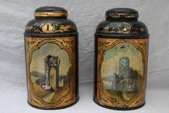 Antique Tea Tin Canisters with Mother of Pearl Scenes of Victorian Follies