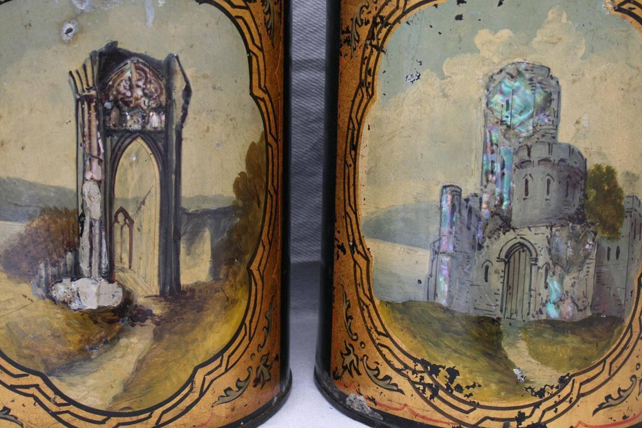 Antique Tea Tin Canisters with Mother of Pearl Scenes of Victorian Follies In Excellent Condition In London, GB