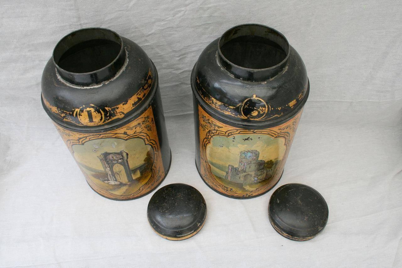 Mid-19th Century Antique Tea Tin Canisters with Mother of Pearl Scenes of Victorian Follies