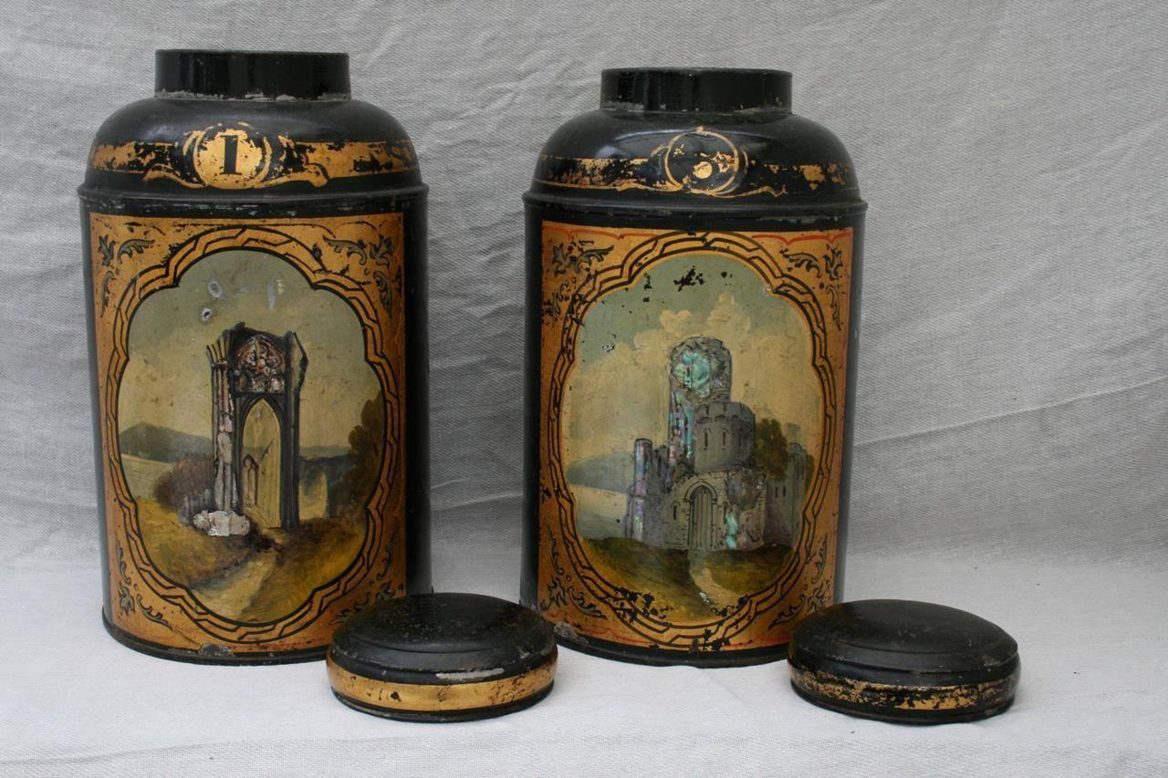 Antique Tea Tin Canisters with Mother of Pearl Scenes of Victorian Follies 1