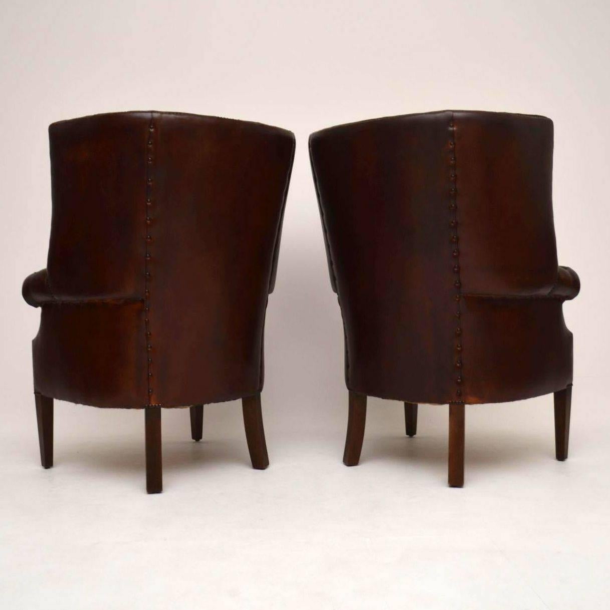 Pair of Antique Leather Porters Wing Armchairs 2