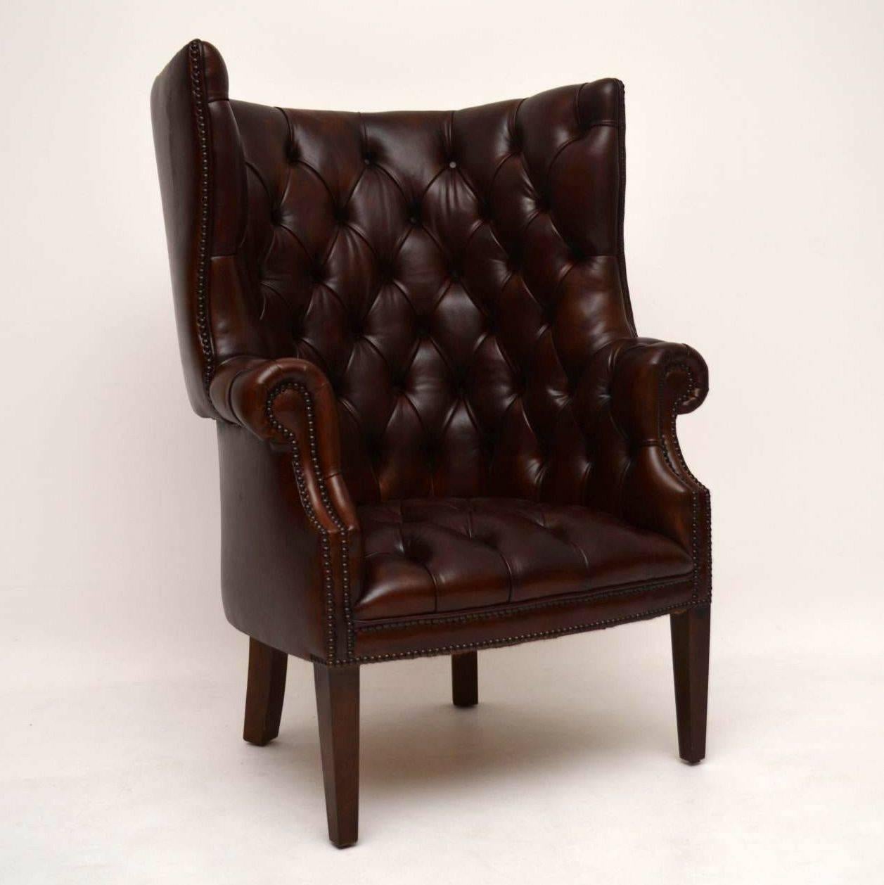 This pair of deep buttoned leather Porters armchairs have been made from new and this particular pair were an actual order from a regular client of mine. They saw an antique single leather Porters armchair and asked if we could make a pair that were