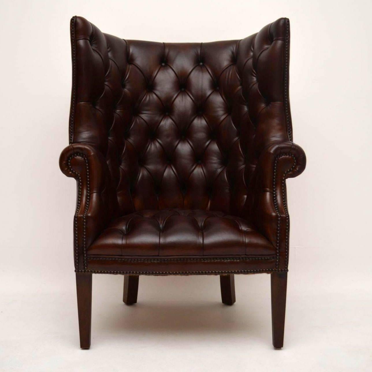 English Pair of Antique Leather Porters Wing Armchairs