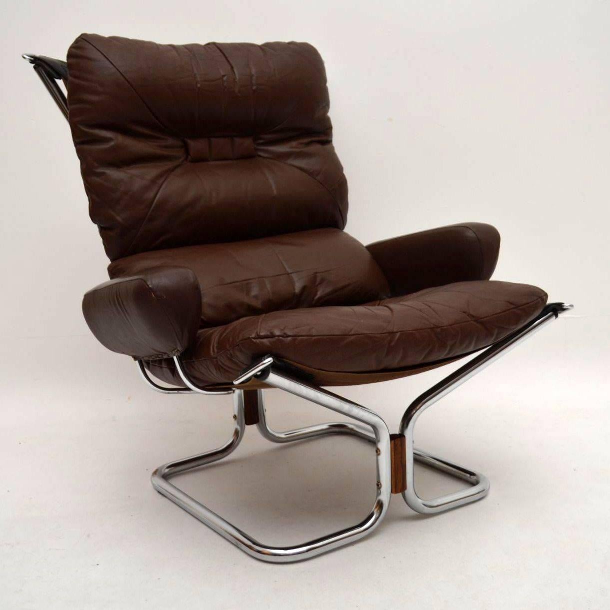 Norwegian Retro Leather and Chrome Armchair and Stool by Ingmar Relling, Vintage