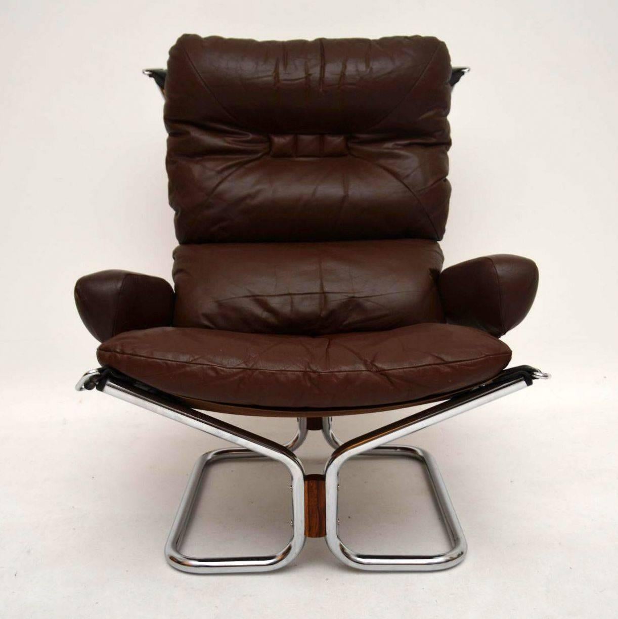 Retro Leather and Chrome Armchair and Stool by Ingmar Relling, Vintage In Excellent Condition In London, GB