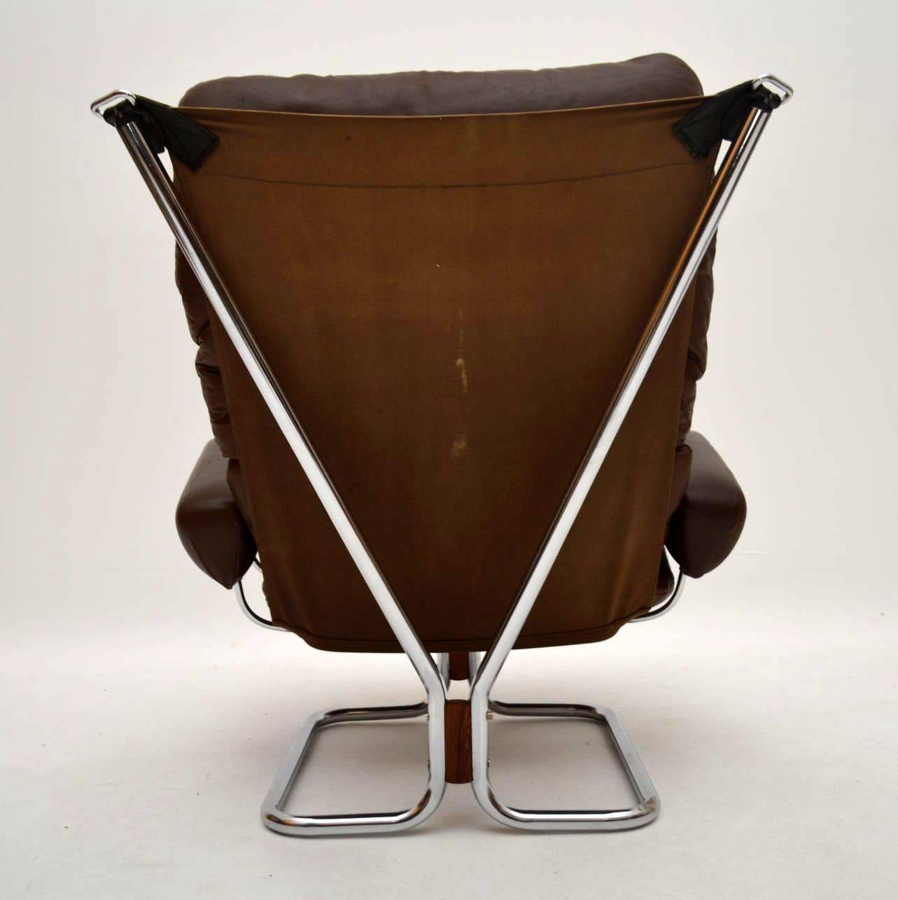Retro Leather and Chrome Armchair and Stool by Ingmar Relling, Vintage 4