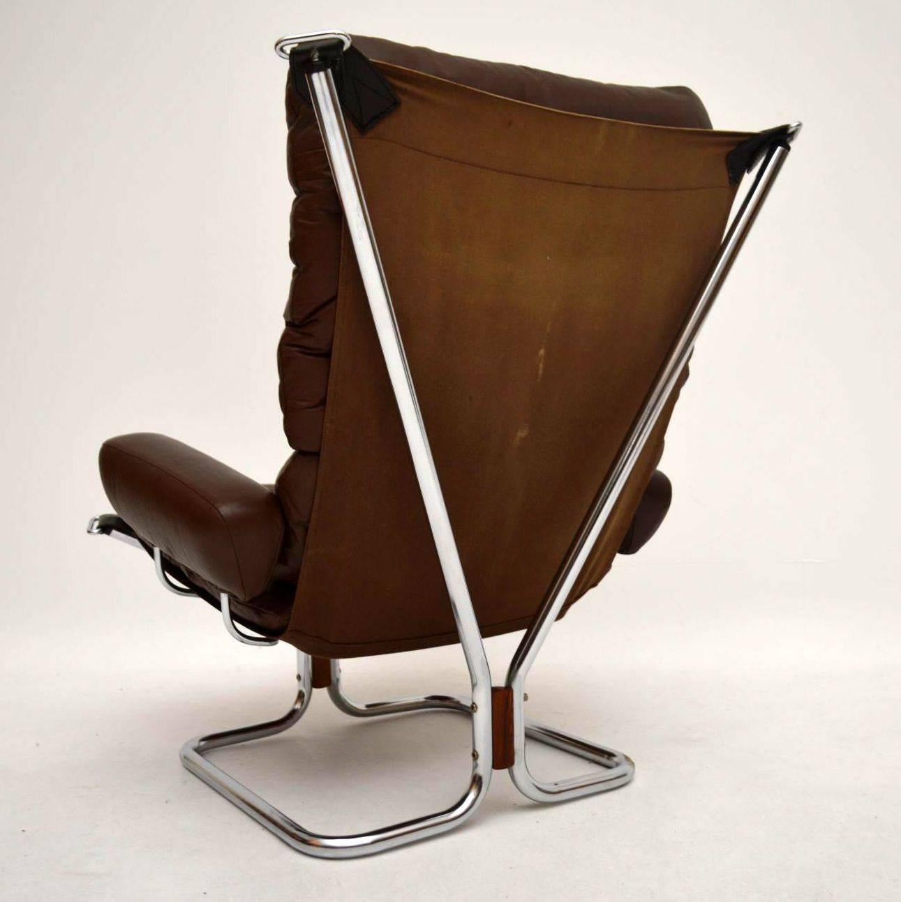 Retro Leather and Chrome Armchair and Stool by Ingmar Relling, Vintage 5