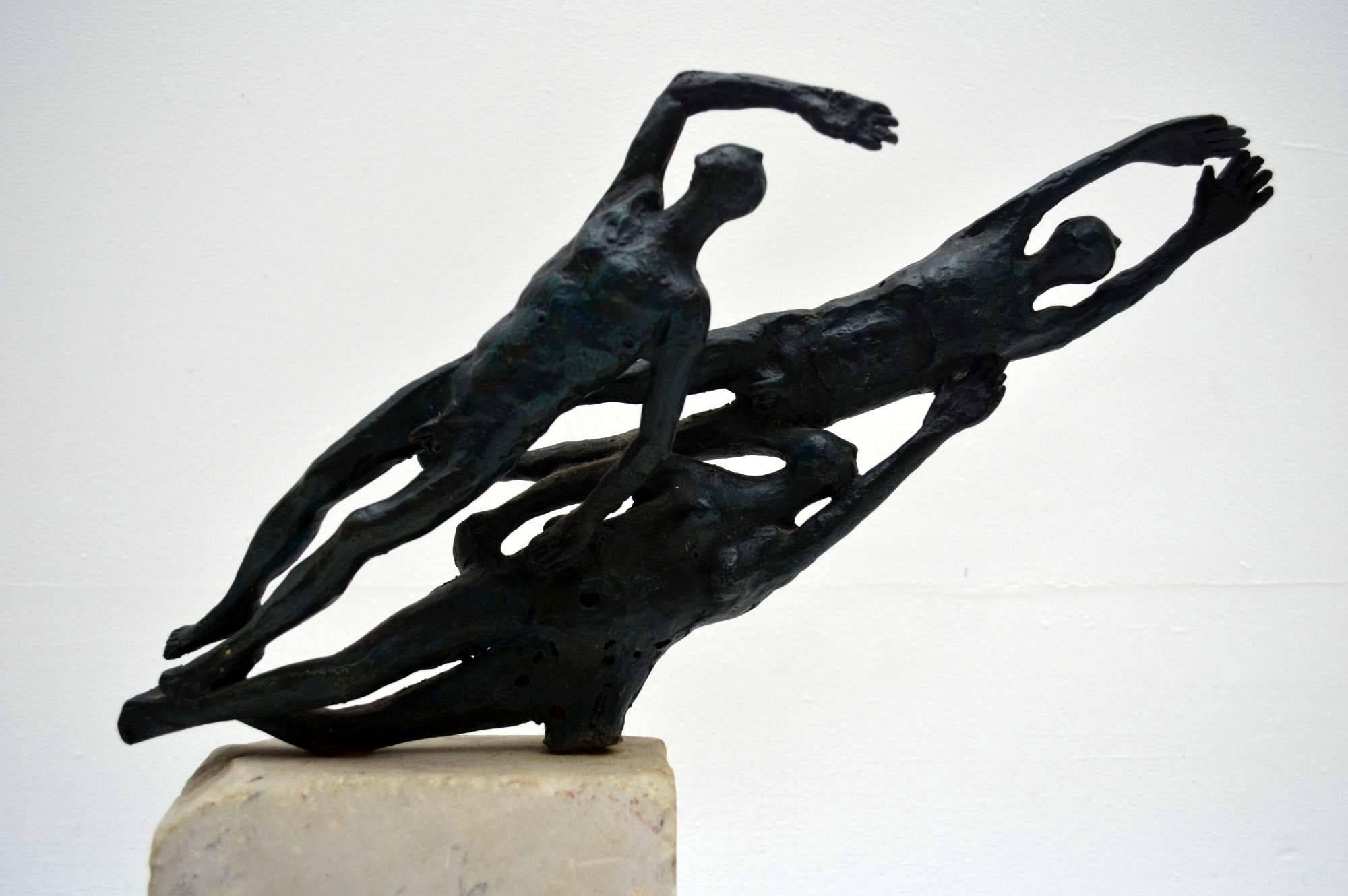 Very stylish Mid-Century bronze sculpture of a group of nude swimmers, two men and one woman. This group is set on a marble block. We can’t see any signature, but I think it needs to be research more. Maybe someone out there will recognize who made