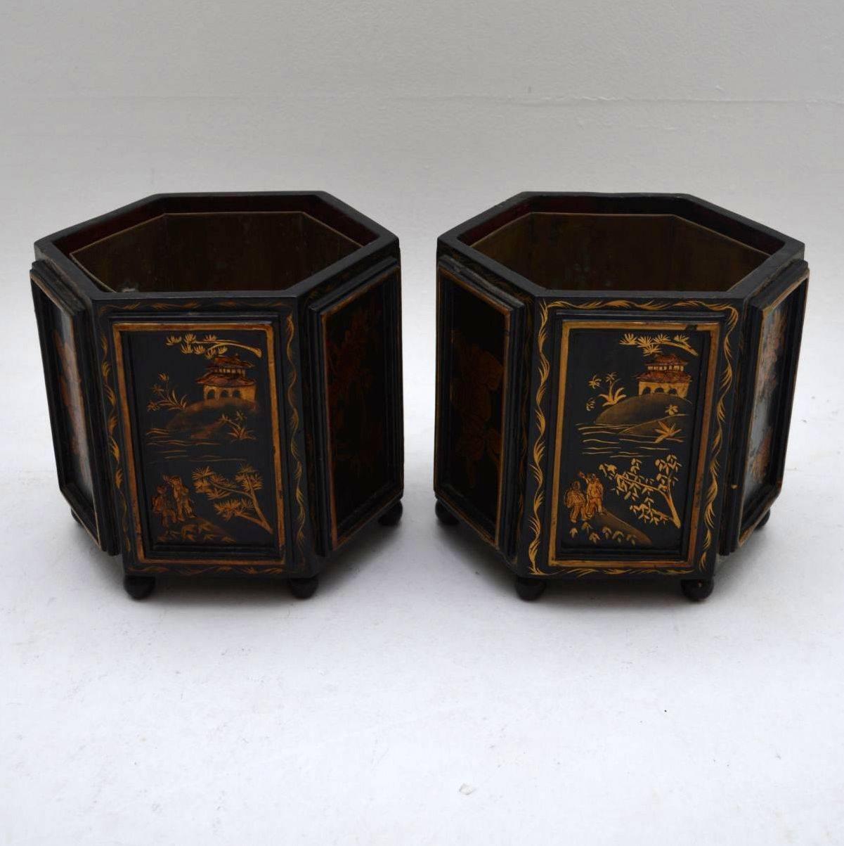 English Small Pair of Antique Chinoiserie Plant Pots