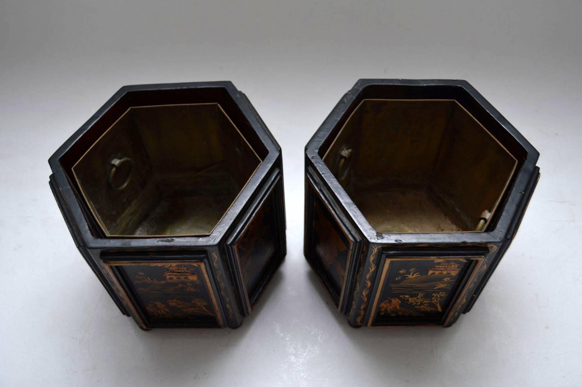 Early 20th Century Small Pair of Antique Chinoiserie Plant Pots