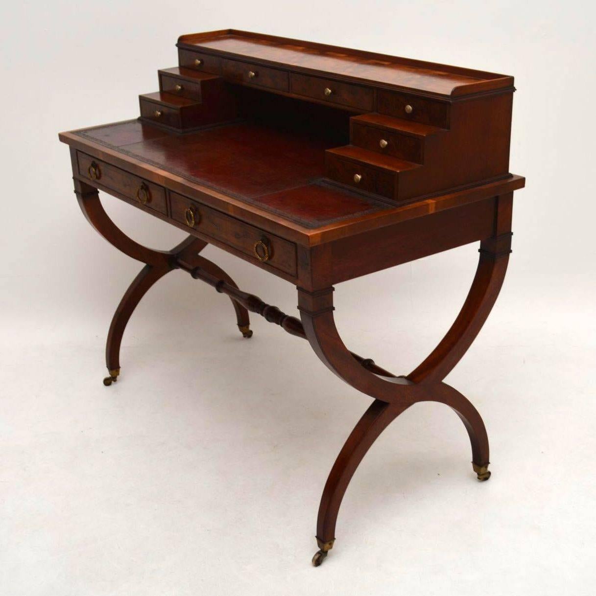 English  Antique Yew Wood Leather Top Writing Table Desk