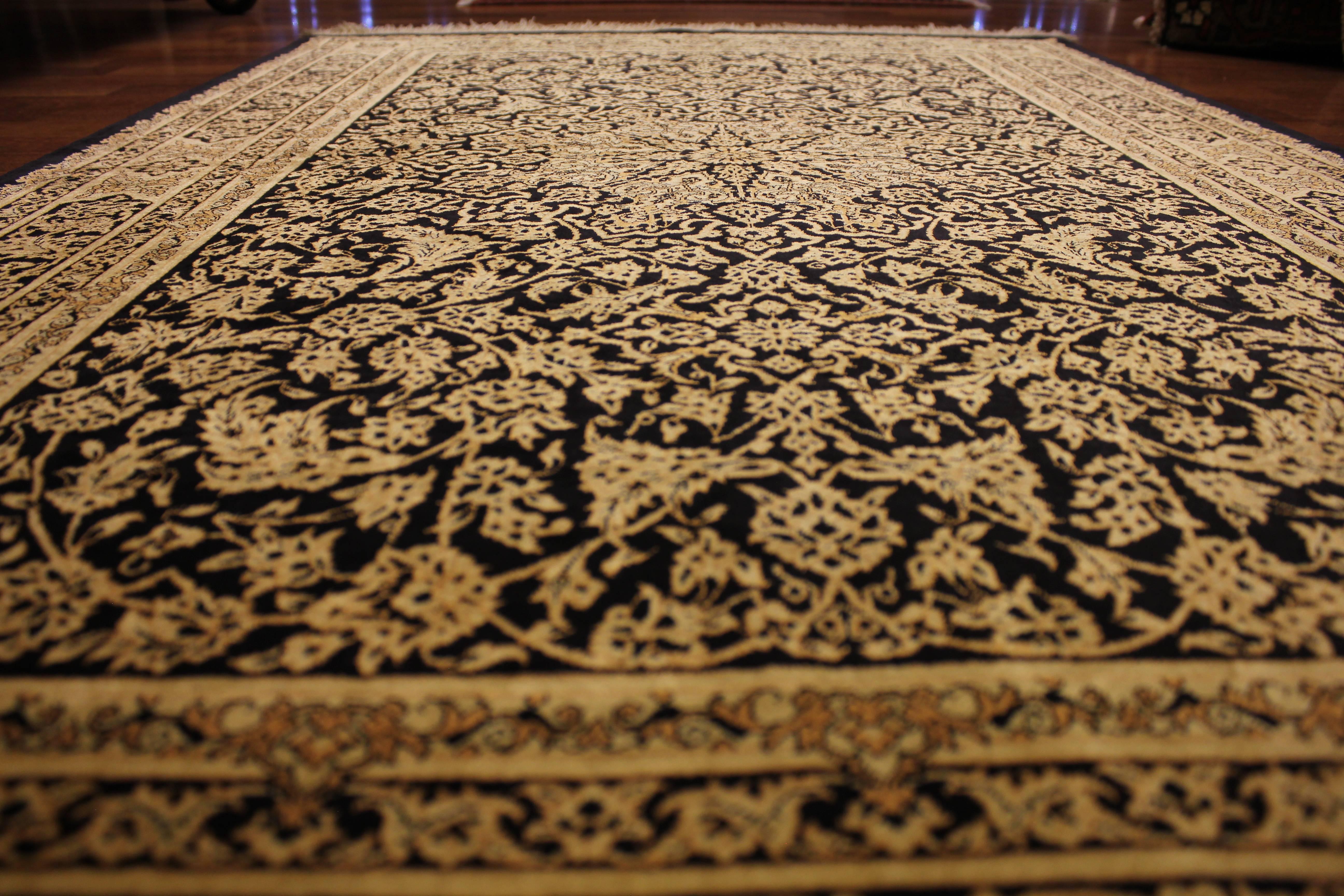Extraordinary Qom, from Persia, original Qom, holy city of Iran, excellent gold and black colors and condition. Very fine knotted, all silk, silk warp.
Age: Late 20th century.
Material: Silk.
Size: 150 x 100 cm (4.9 x 3.2 ft).
Condition: