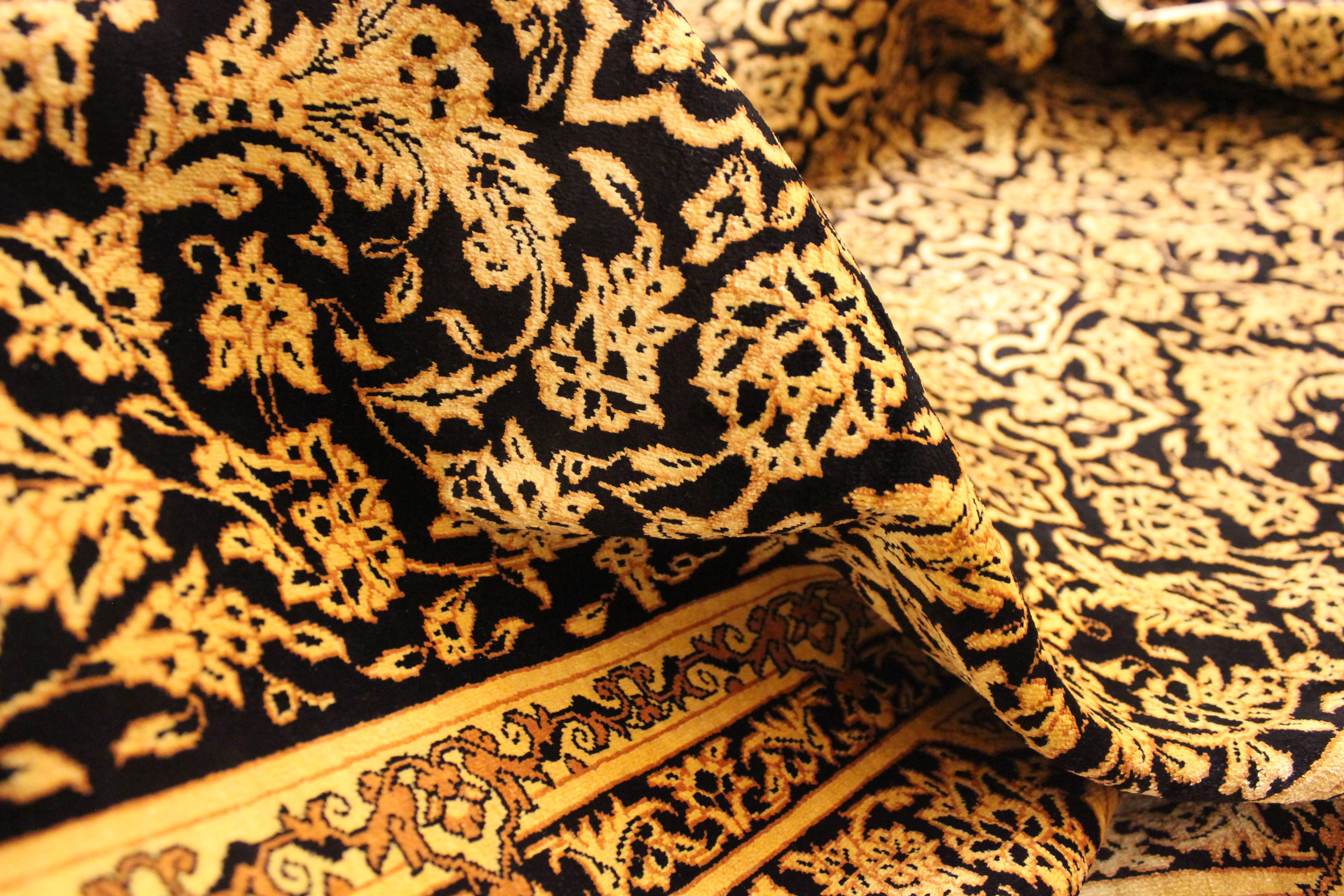 Hand-Knotted Silk Qom Gold/Black For Sale