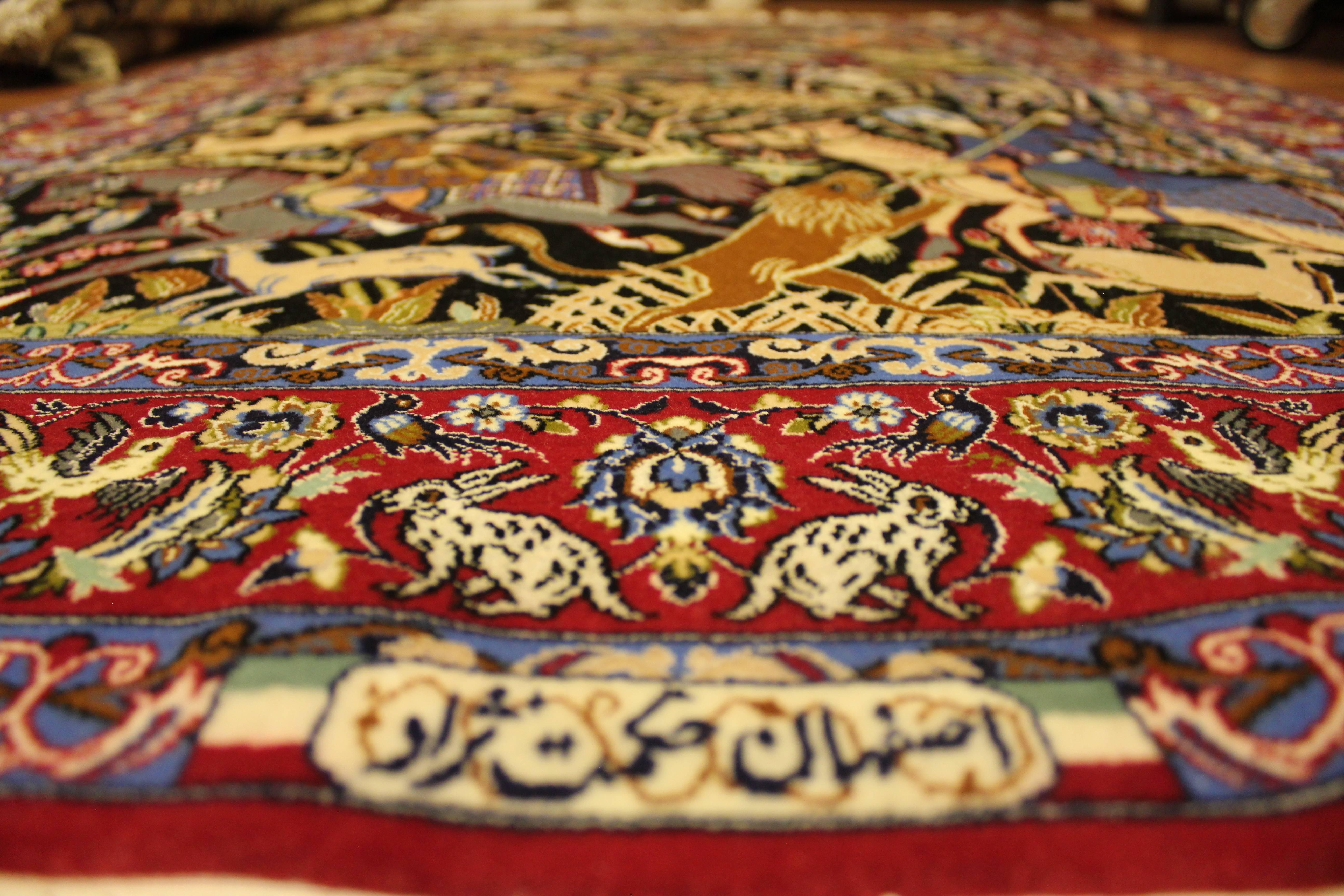 Beautiful Isfahan, from Persia, original, excellent colors and condition.
Hunting scene, silk warp.
Age: Late 20th century.
Material: Silk and wool.
Size: 175 x 108 cm (5.7 x 3.5 ft).
Condition: New.
Provenience: Persia.
Hand-knotted, perfect