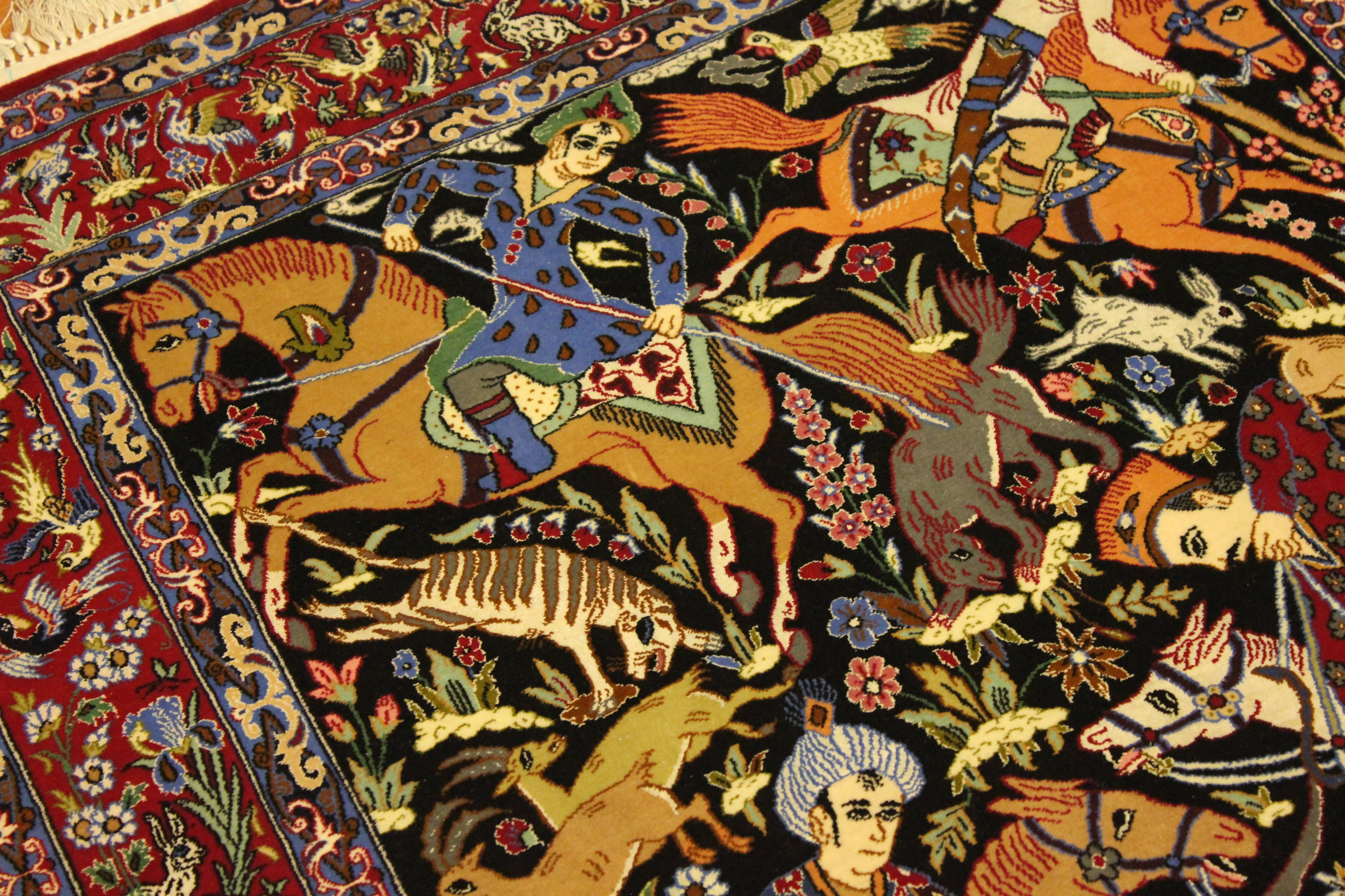 Hand-Knotted Isfahan Rug Hunting Scene For Sale