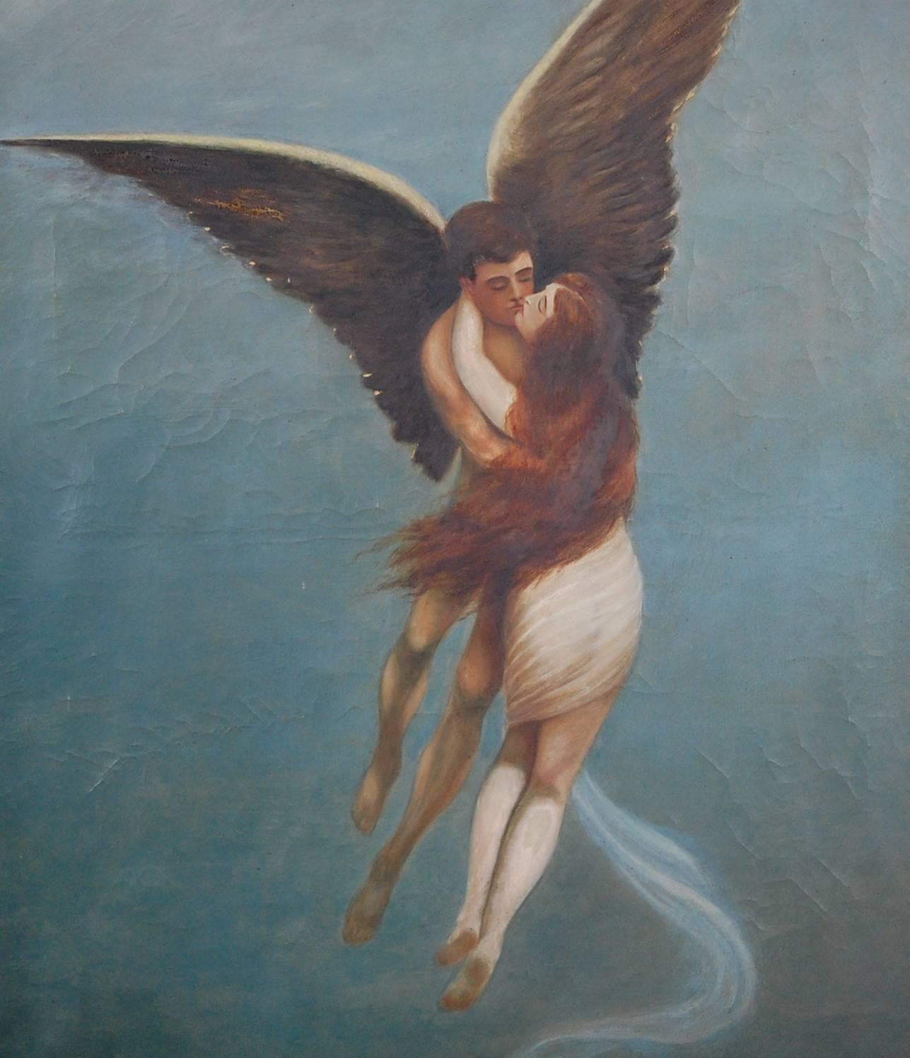Late 19th century large oil on canvas depicting an angel ascending up to heaven with a subject. Some light cracking to the paint in places but no paint loss or restoration. Original Victorian frame, with minor blemishes. This unattributed piece is