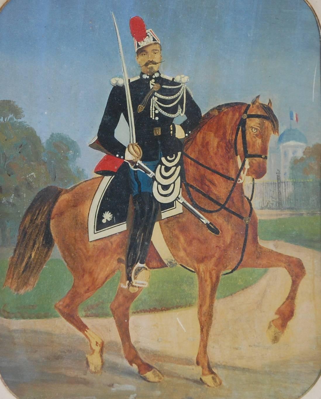 Wonderful naive painting of a French Cavalryman in his pomp and finery, his Chateau flying the Tricolor in the background. Original, although overpainted frame. This painting is in original condition and totally unrestored, it has aged well but