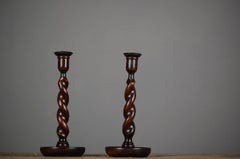 Pair of Antique English Oak Barley Twist Candlesticks