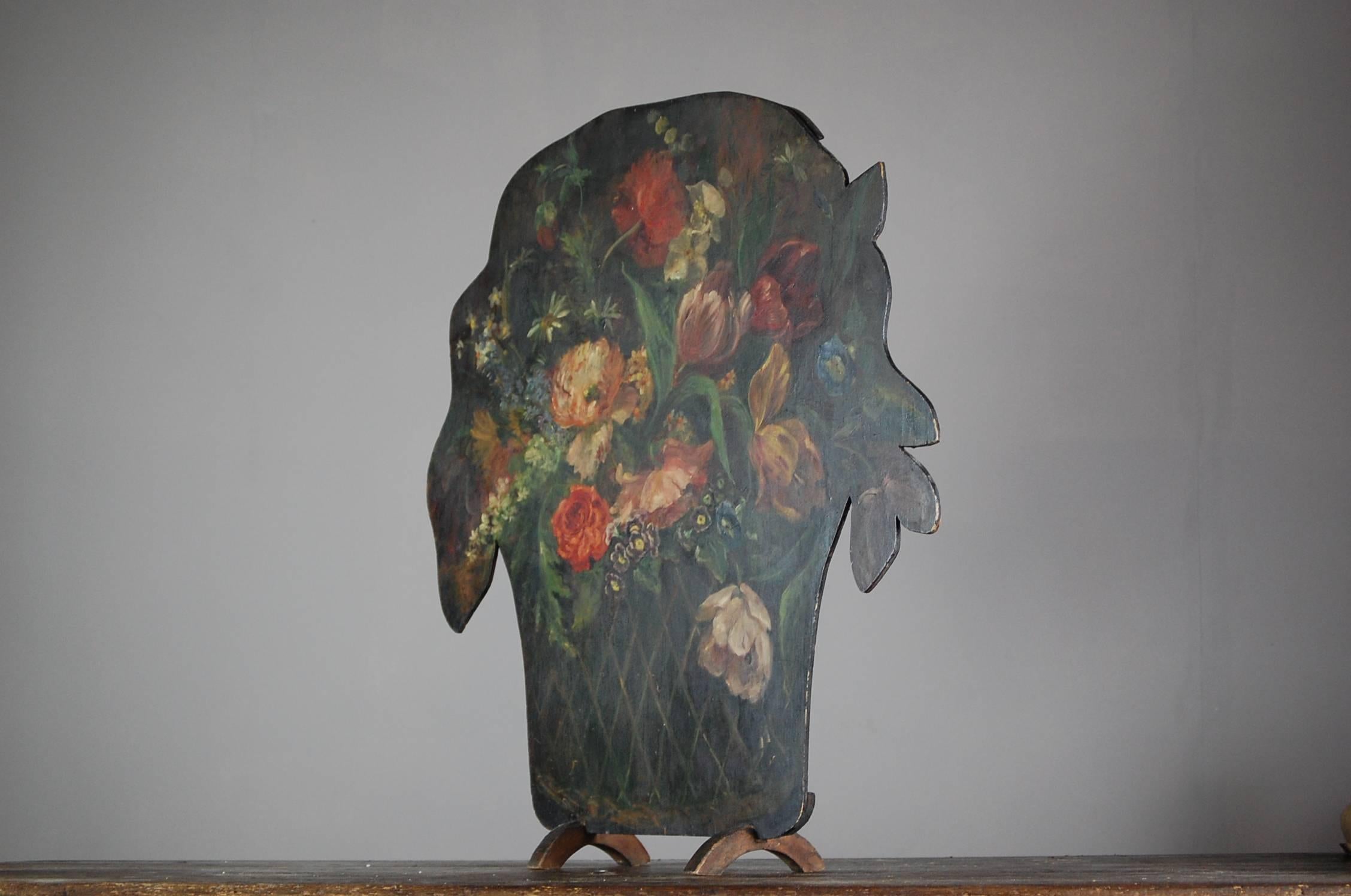 Edwardian English Dummy Board in the form of a weaved basket of flowers, painted on timber with delicate arched feet.