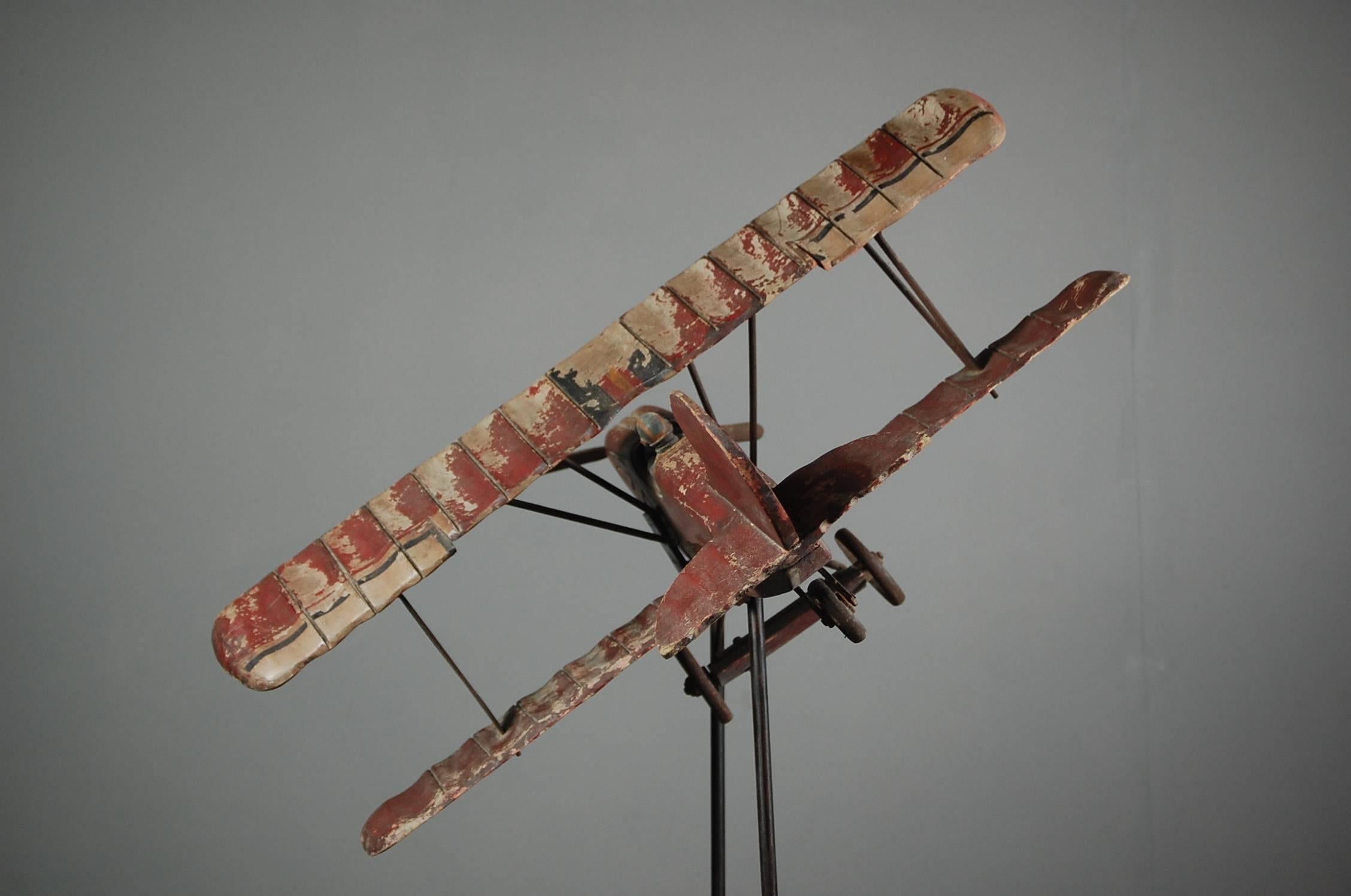 20th Century Large English Playworn Toy Biplane In Good Condition In Pease pottage, West Sussex