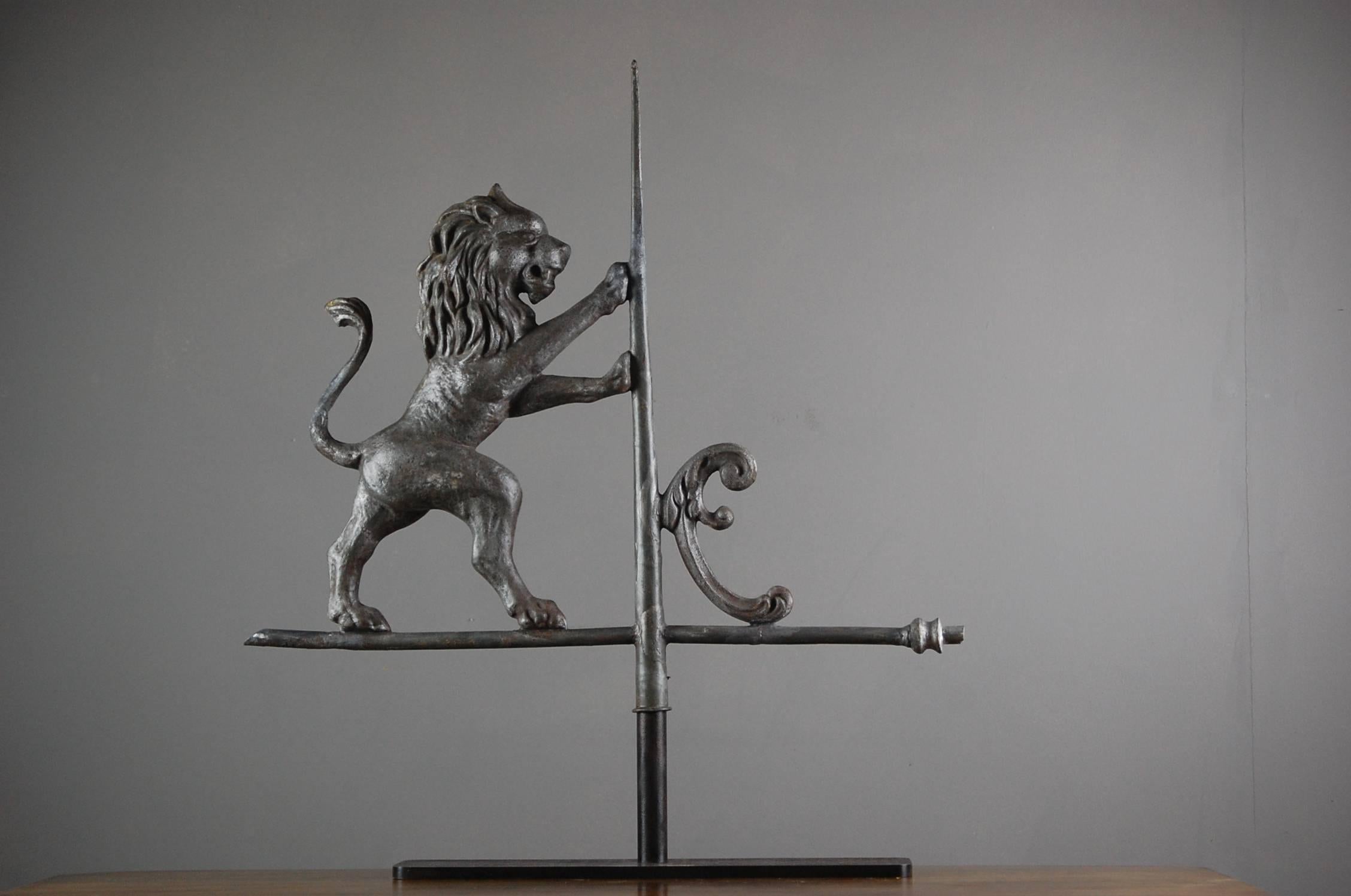 Full Bodied Lion Weathervane in zinc, retaining traces of original gilding, historic repairs but remarkable condition. Contemporary steel stand. Measurement Inc stand. France, circa 1890.