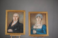 Pair of Early 19th Century French Naive Pastel Portraits of Man and Wife