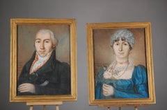Pair of Early 19th Century French Naive Pastel Portraits of Man and Wife