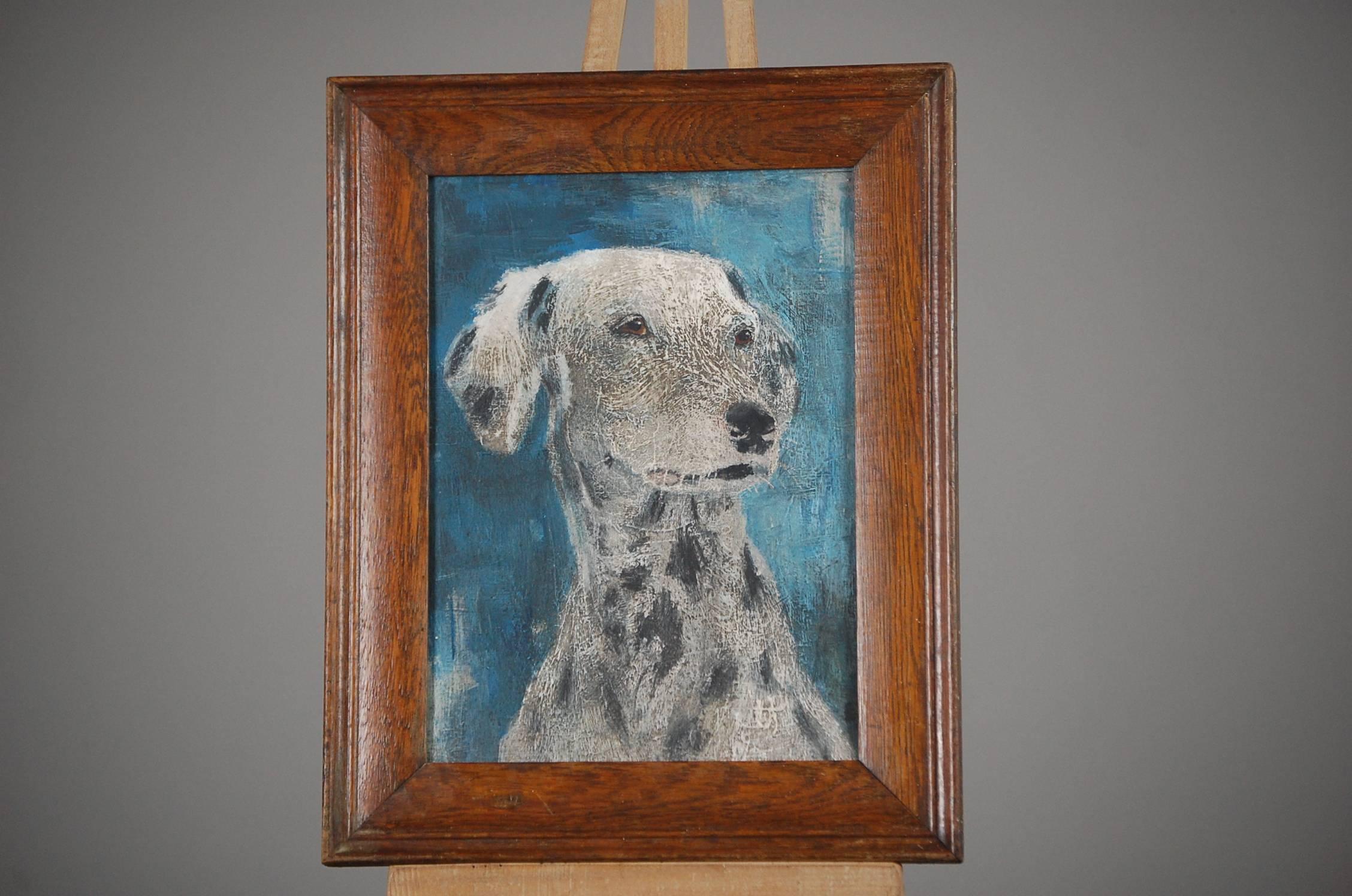 Naïve oil on card of Dalmatian puppy, needless to say a beloved pet, oak frame, England, circa 1940. Unattributed. Measurement inc frame.
