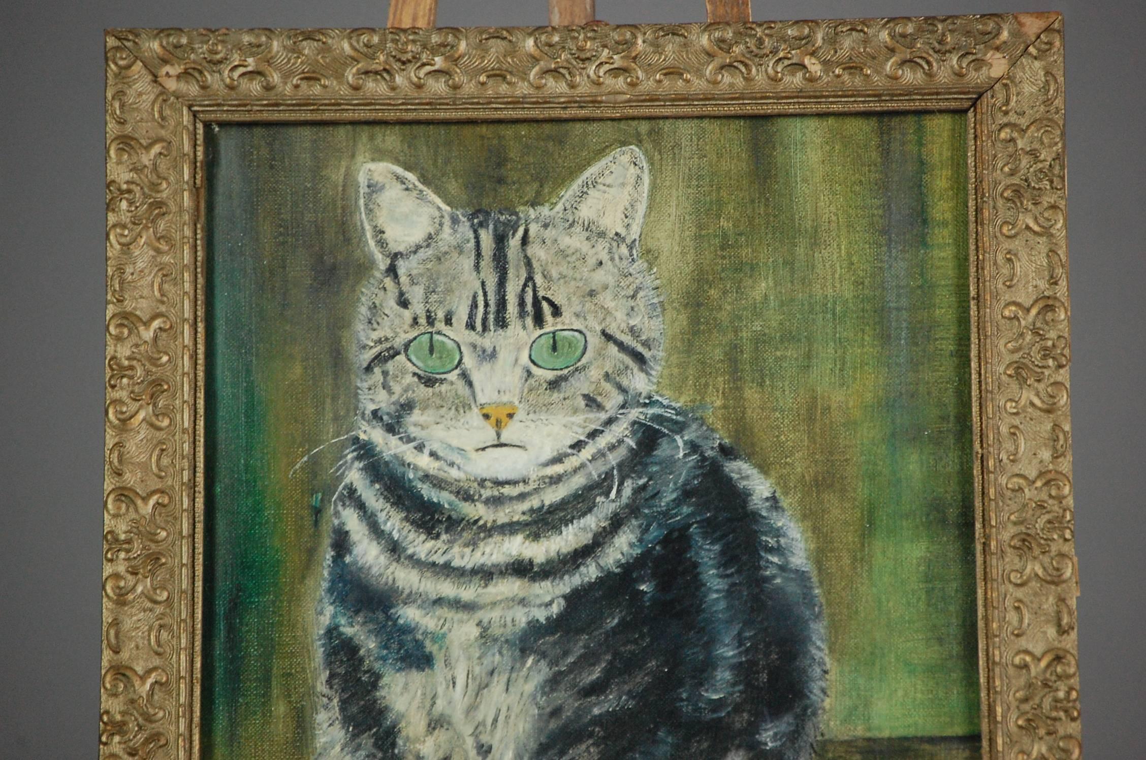 Naïve Cat portrait oil on canvas over board, framed and glazed. unattributed. exceptionally naïve, more than likely a much loved pet, France, circa 1920.