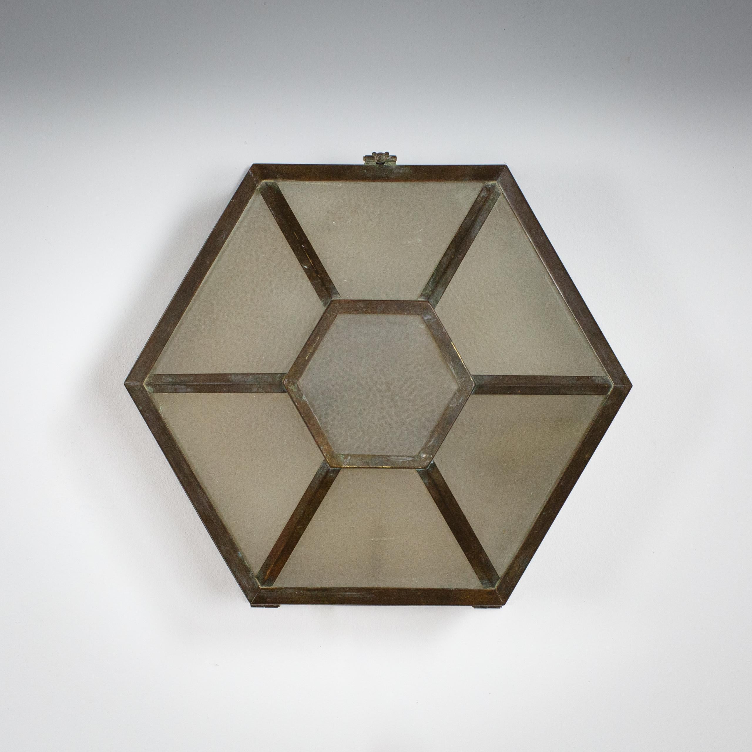 Copper Ceiling light with original opaque glass. Rewired and PAT tested. Cornwall, England. Circa 1930. Marked 