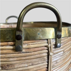 Woven Rattan Bamboo Basket with Brass Detail & Handles, Italy, Circa 1970
