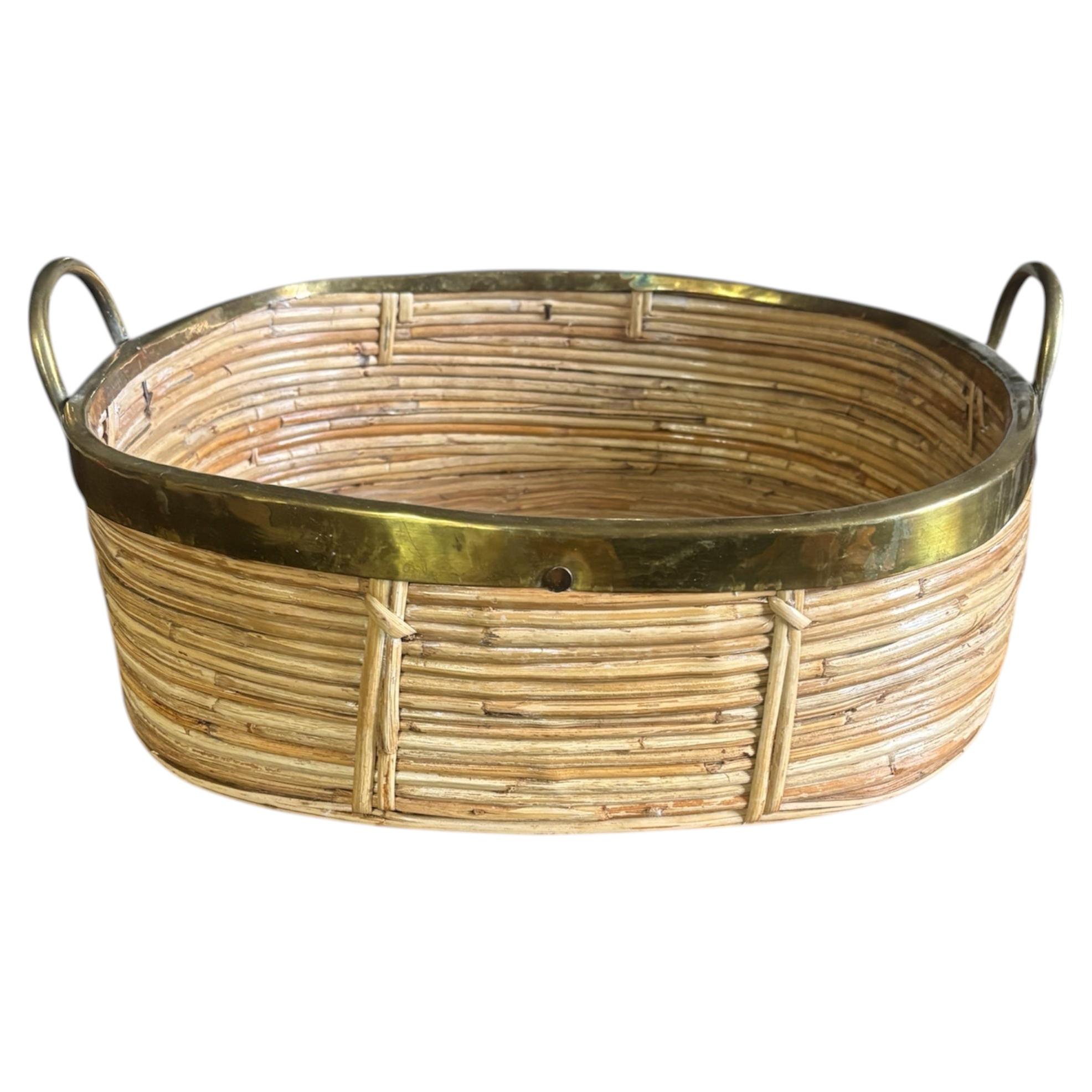Pre-owned Gabriella Crespi Italian Rattan Pencil Reed Bamboo & Brass Basket Attributed To  In Brown